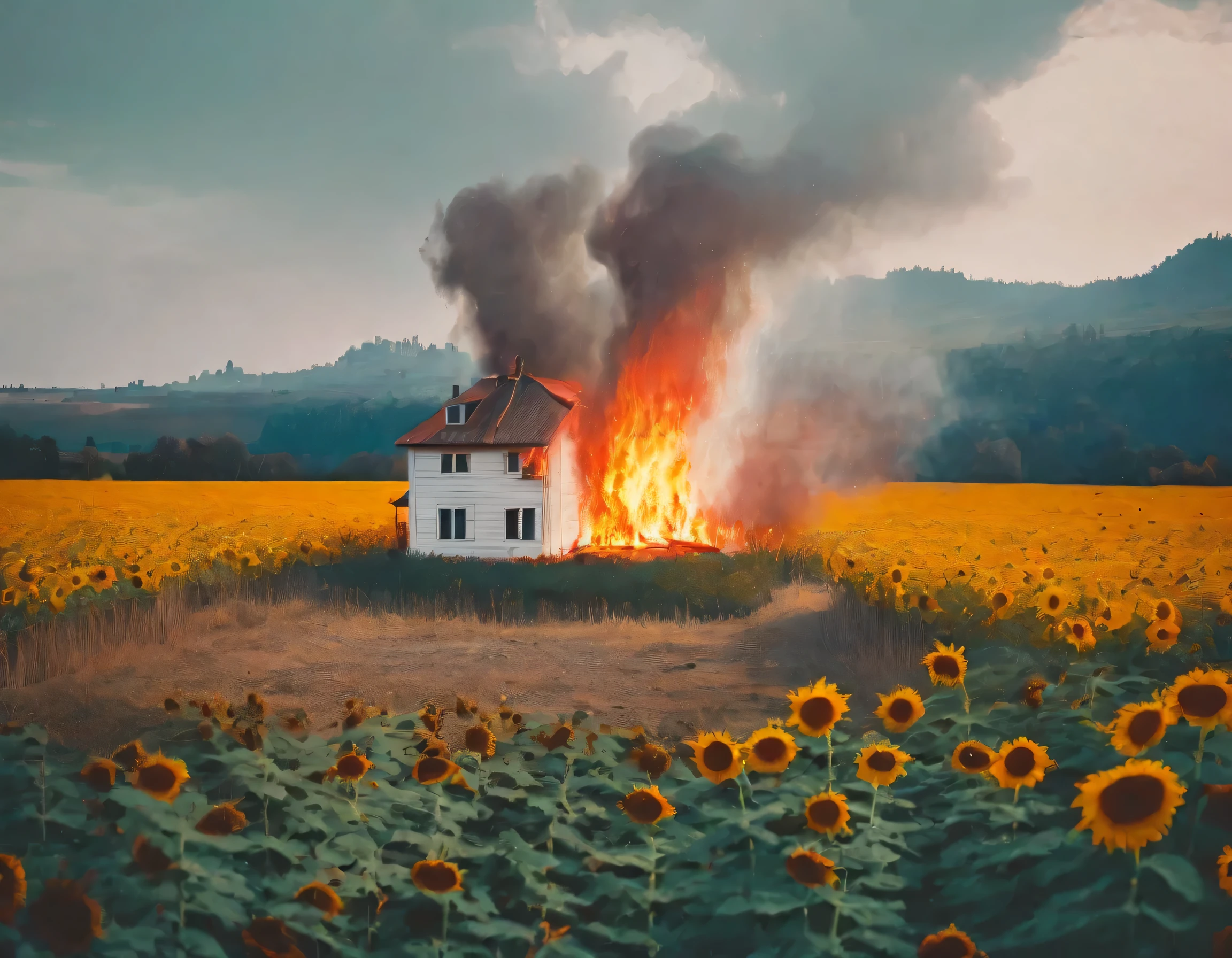 cinematic painting of a burning white painted small house in the middle of a sunflower field on daylight