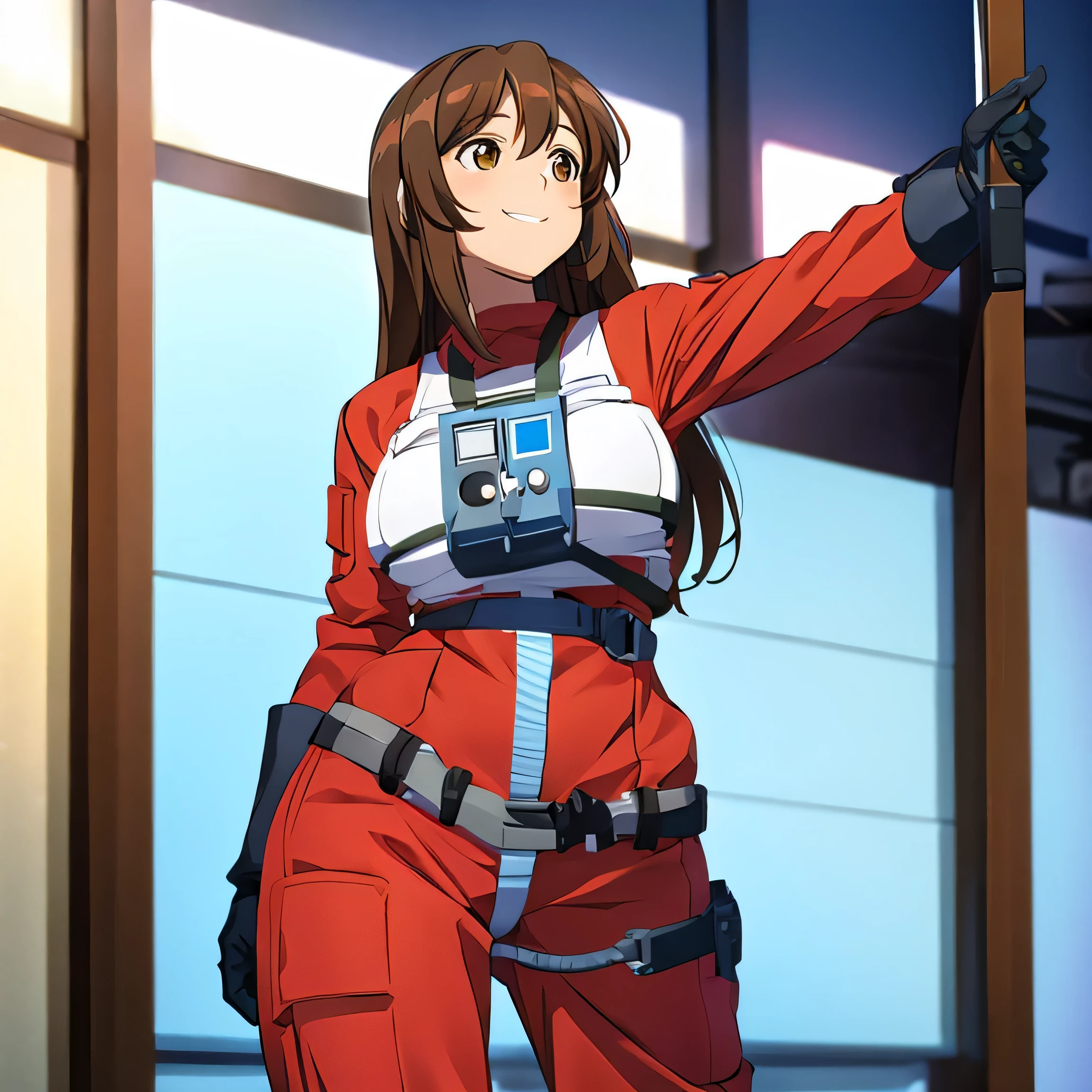 1girl, solo, large breasts, thick thighs,pilot uniform, happy, dark brown hair, long hair, dark brown eyes, standing