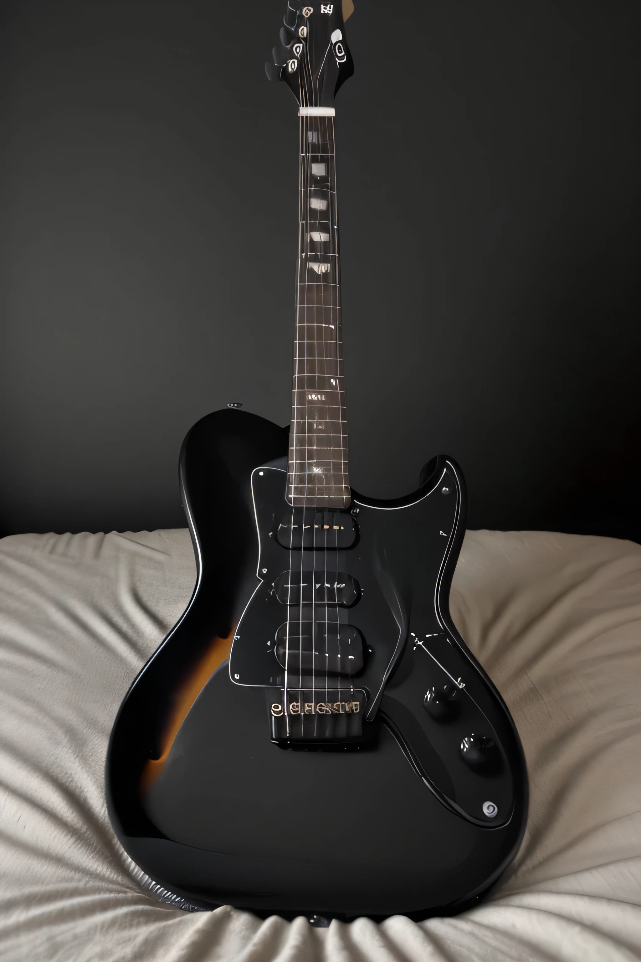 electric black guitar, sobre la cama
