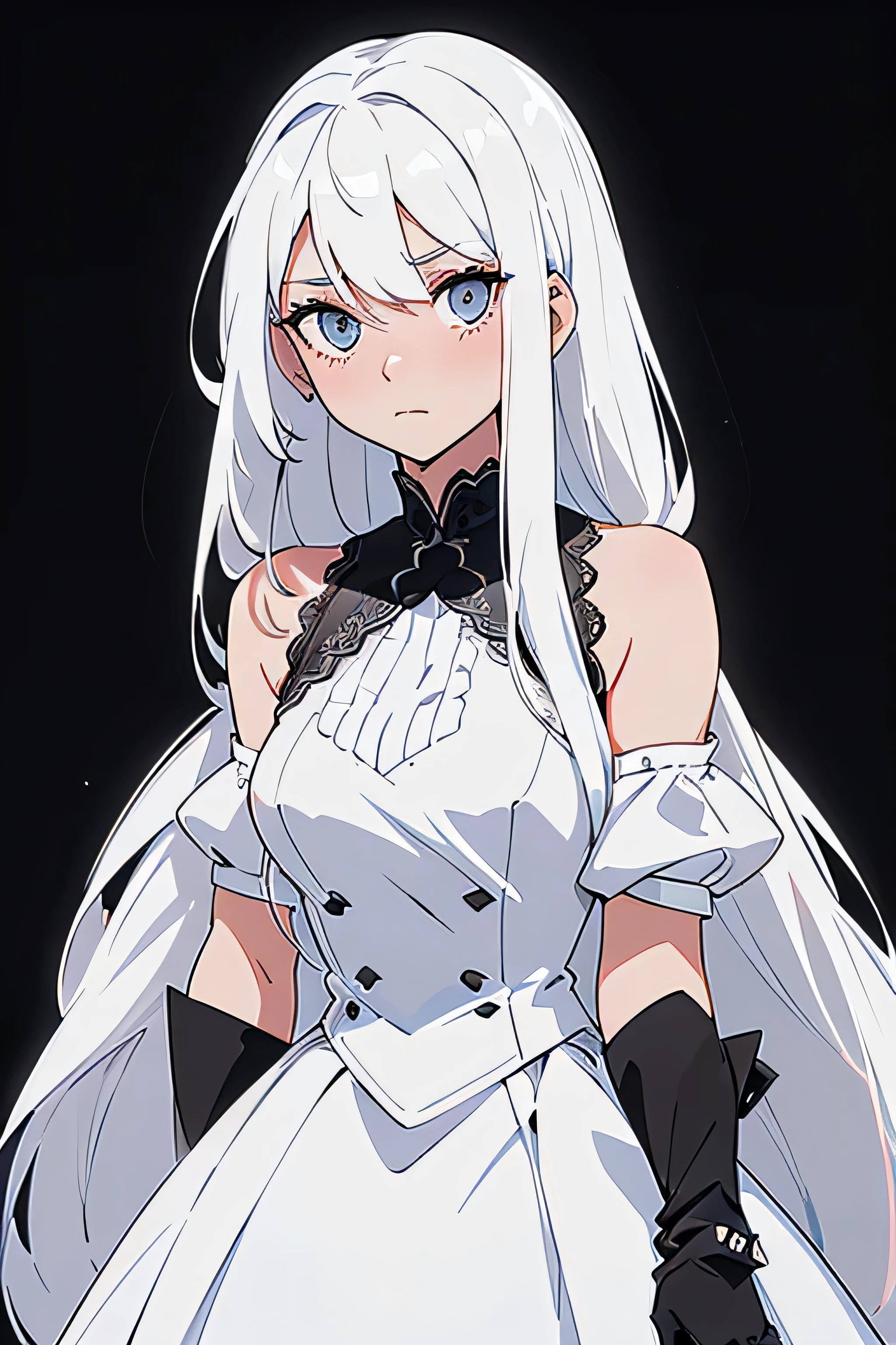 ((White hair)),((Head and Shoulders Image)),(super-long hair),Sexy,A person,Alone,Simple style,pancake ,Simple details,Black background,Empty background,Black background wall,(20 year old woman),(White Gloves),Puffy skirt,(Royal Dress),Lace Shirt,Lace,((Shy))