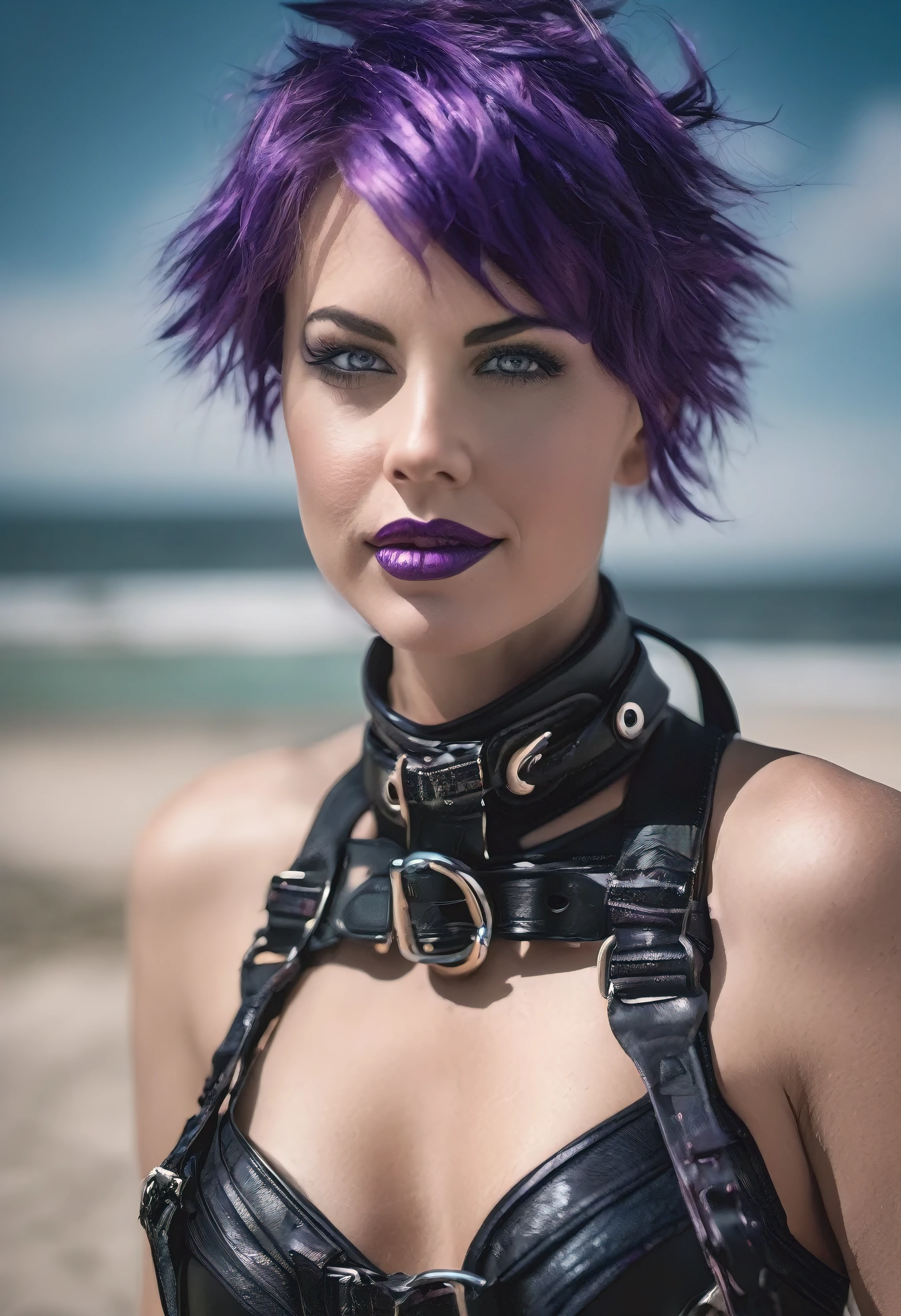 A REALISTIC, full-body image of female Laurence bedard (Age 30) dressed in bondage-gear wearing bondage-harness. Extras: flawless-skin, perfect-eyes, perfect-lips, perfect-anatomy, intricate-details, high-saturation, 35mm-raw-photo, dramatic-poses. She has blue eyes and short purple tinted hair style. And is in a : beach. And : she is posing at a photo-shoot, smiling and looking horny at viewer