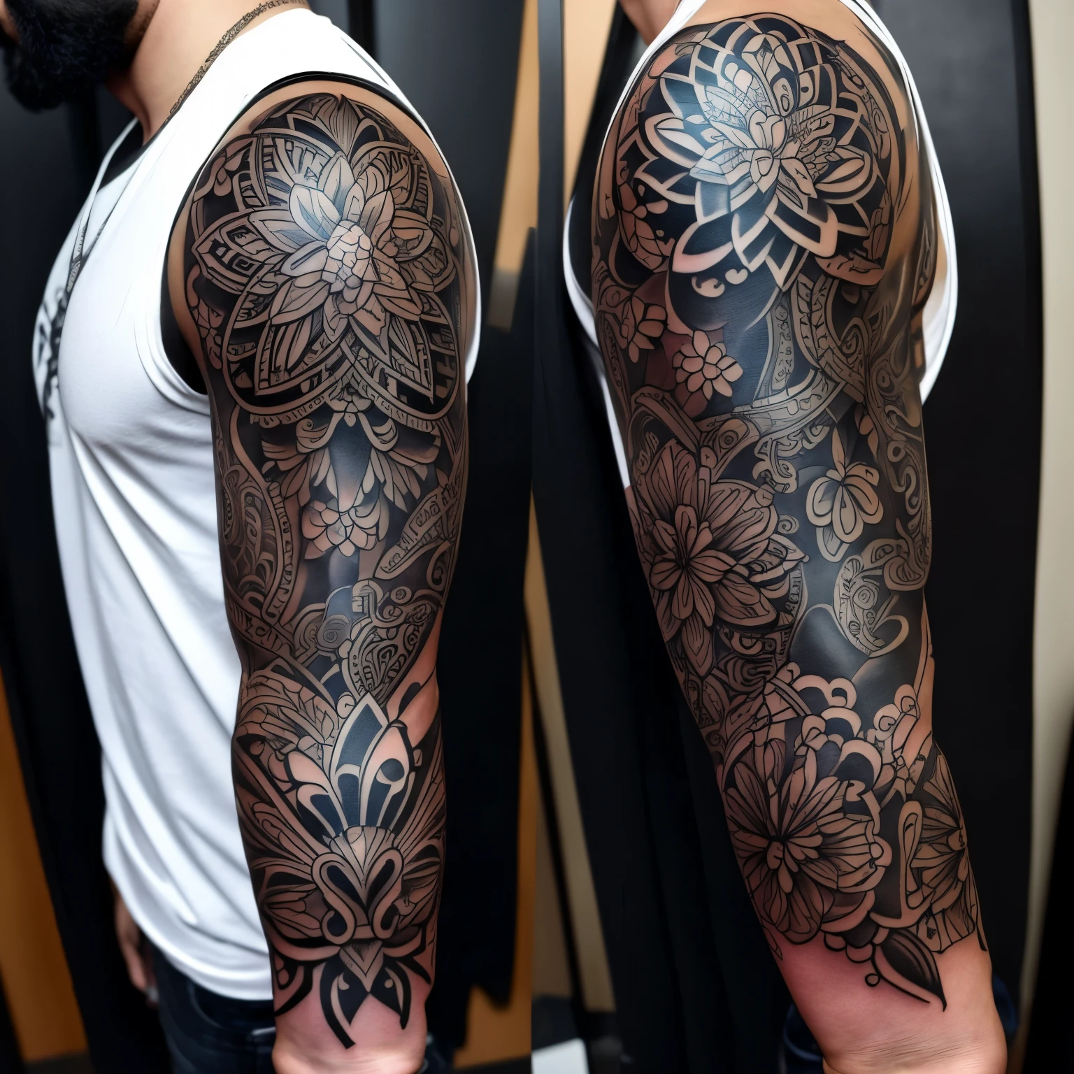 Full sleeve tattoo on left arm with ornamental blackout style