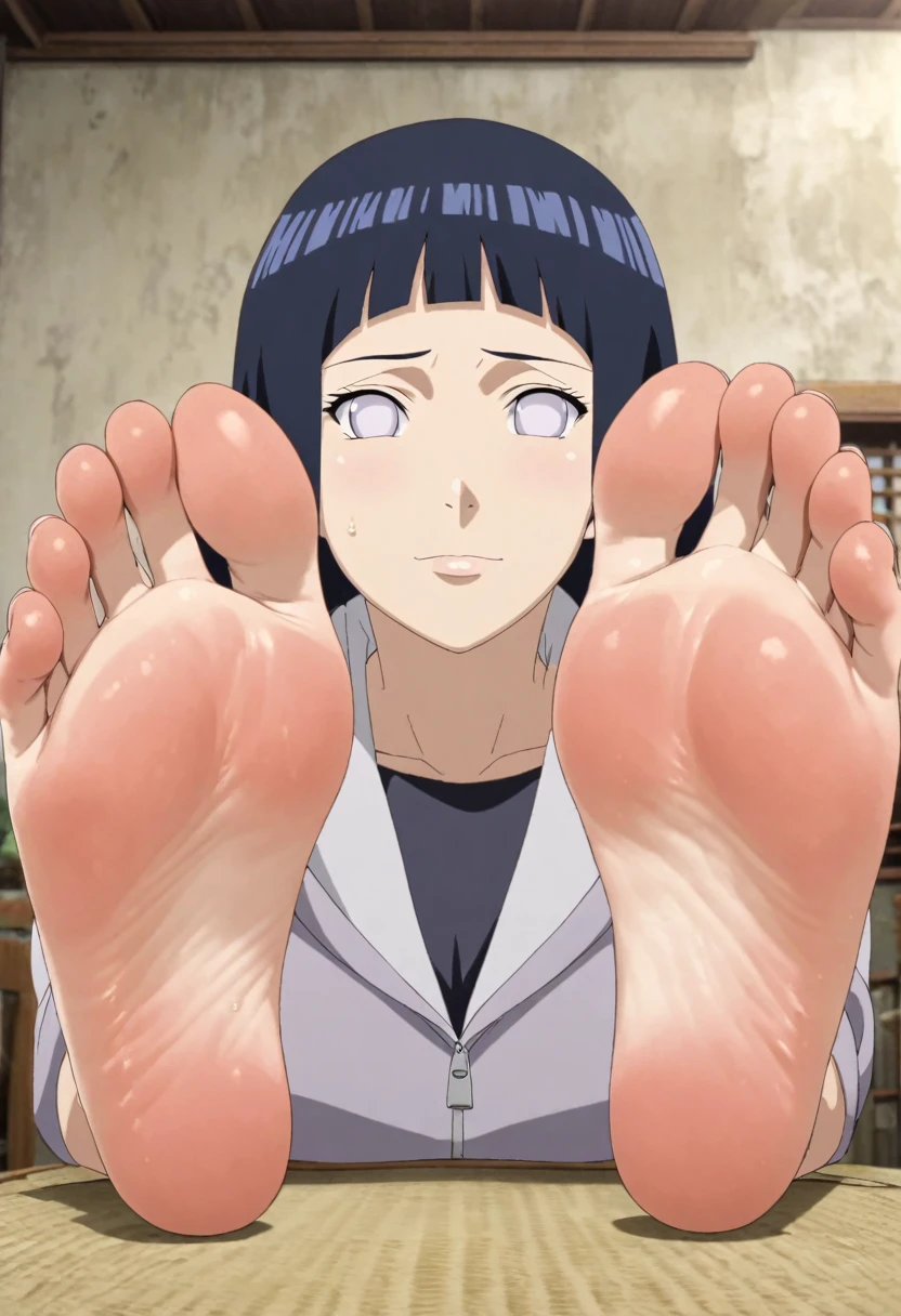 Hinata Hyuga, 2 feet, 5 toes, correct feet anatomy, soles facing viewer, focus on soles