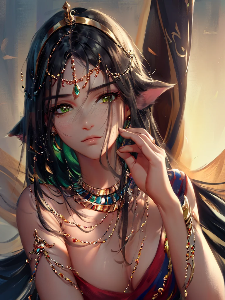 very good illustration, High detail, dynamic angle, beautiful detailing,2D, (Best quality, masterpiece, Beauty, tenderness), Anime, Highly detailed face, very detailed eyes, very detailed background, Ideal lighting, Whole body, 1 girl, One, (Very detailed cat ears), (Very detailed ears behind the hair)? Goddess Bastet, Ancient Egypt \(Очень подробный Ancient Egyptian\), Very detailed clothes, green eyes, Finely detailed eyes, ears covered with hair, (Very detailed background) Highly detailed hands, very detailed hands