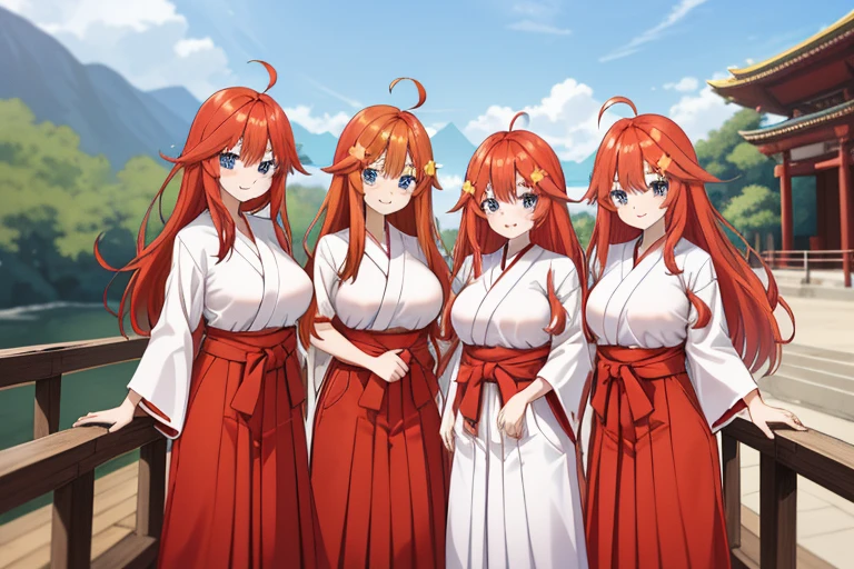2d, masterpiece, best quality, anime, highly detailed, 5 girl, photo of 5 girl, quintuplets, nakano itsuki, red hair, long hair, star hair ornament, ahoge, huge breasts, standing, miko, white hakama with red hakama, outdoors, smile, temple,