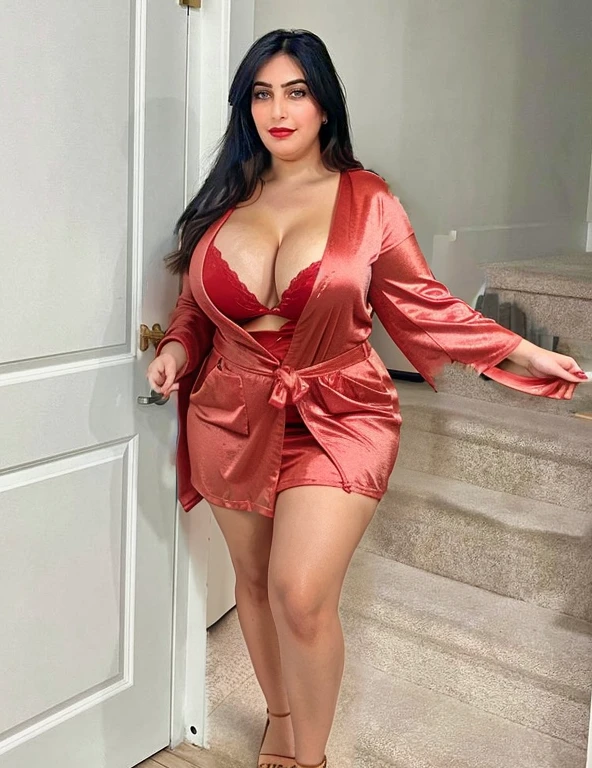 Short red robe, cleavage, curvy, large breast size