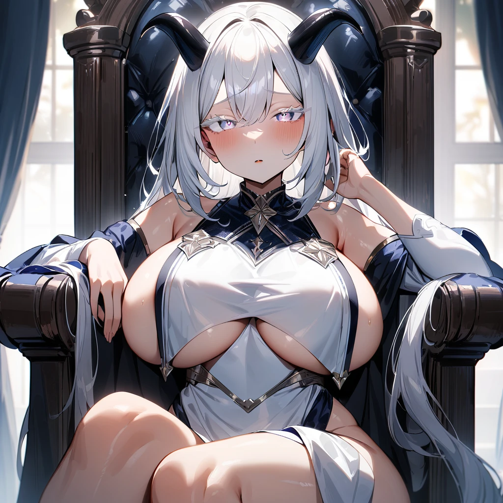 1 girl,White hair,colored eyelashes,deep eyes,skin-covered horns,deepcolor,big breast, colored eyelashes, alternate eye color,breast curtain,masterpiece, best quality,very aesthetic,absurdres,inner boob,chair,sitting_on_throne,nsfw,looking at viewer, 1 girl,White hair,White eyes,deep eyes,Introvert,very aesthetic, absurdres,looking at viewer,Whitesilver,shiny, midnight midnight 