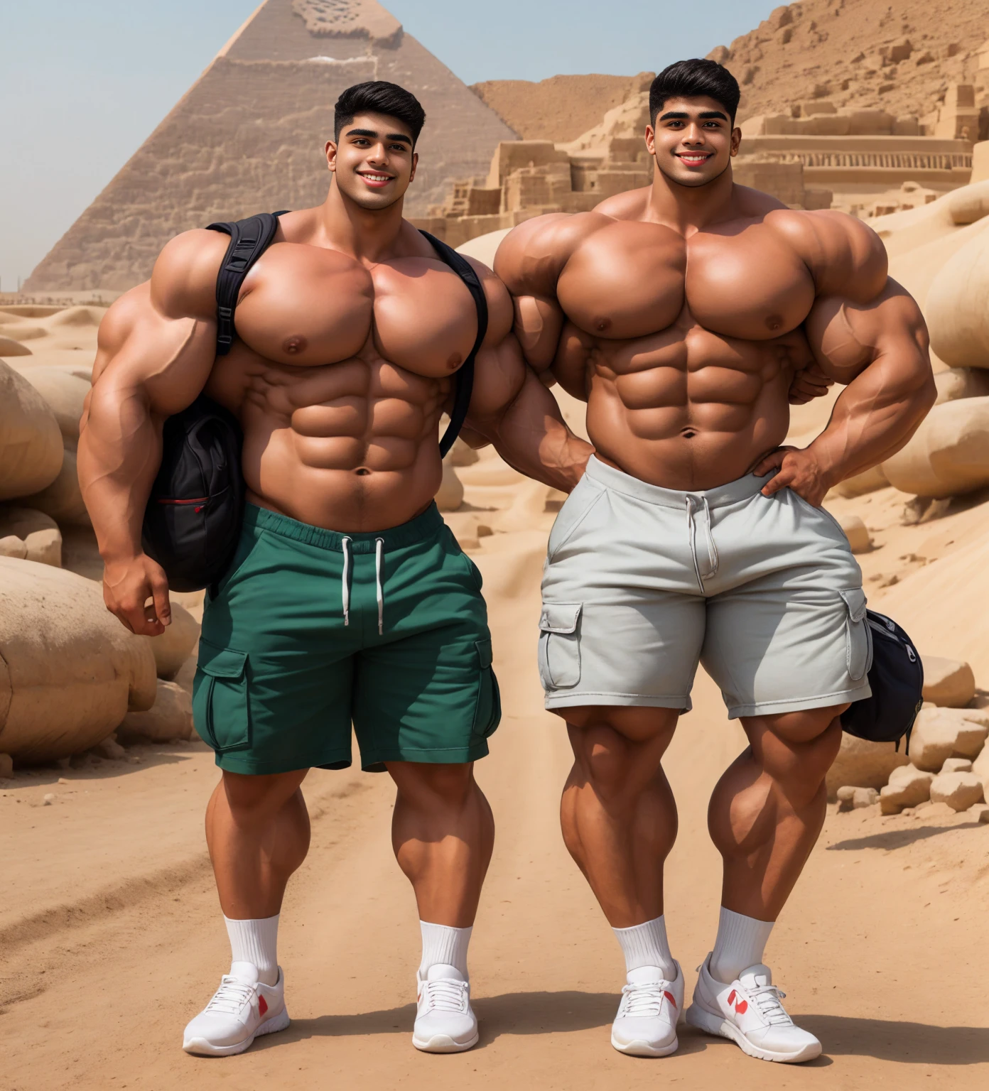4 meter tall slightly overweight indian men. 19 years old. Young fresh face. In egypt with friend. Height and Size difference. Very sexy Posing for camera. Muscular. Wearing cargo shorts, socks and sneakers. Slight belly fat. Big ass. Very long legs. Bigger arms. Taller. Traveling. Carrying a backpack. Zoom out. Show surrounding huge stones 7 meter tall