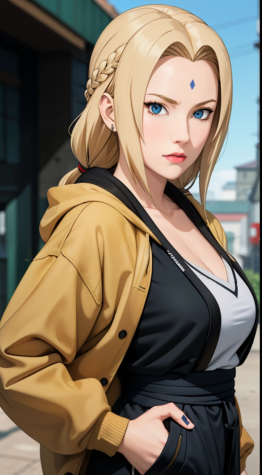 masterpiece, best quality, ultra-detailed, 1girl, upper body, 
long hair, blonde hair, french braid, blue eyes, blunt bangs, 
Wearing Streetwear Hoodie, stylish,
medium breast, cool attitude 
looking at viewer, Tsunade \(shippuden\)