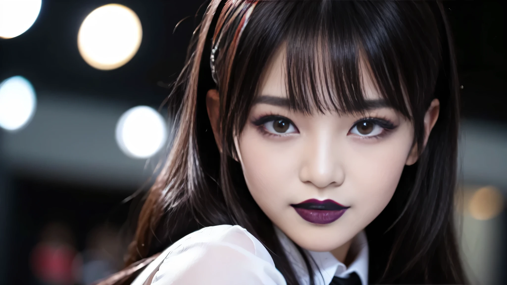 best quality、ultra-detailed、4k、Japanese、Seductive beauty、seductive adult woman、Pretty Woman、cool girl、Villainess、Brainwashed、brainwash、Fallen into evil、smirk、Evil look、Wicked Smile、evil、Brown hair、wavy hair、swept bangs、dark makeup、dark makeup、piercing eyes、hollow eyes,half-closed eyes、Hollow Eyes、purple Eyeshadow、black lipstick、black lipglos、student、uniform、Black cardigan、White Shirt、Black Ribbon、flare skirt、pantyhose、night、inside darkroom、Applying lipstick、Emblem of Evil、Crest of Darkness、Swear allegiance、I have pledged my allegiance、Dye black、Blackening、Stained with evil、Dyed in darkness、Seduce