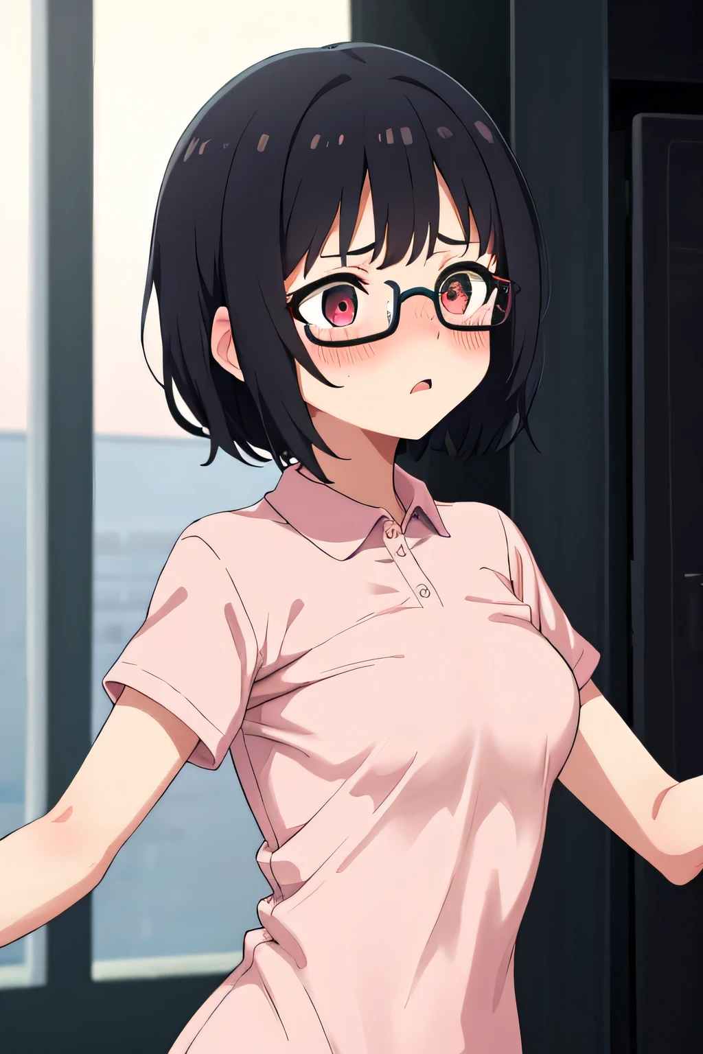 In town,Small breasts that can be rolled up, Troubled face Black hair,short hair,Green Eye Glasses,(Shocking pink plain polo shirt, Short sleeve, naked), (High resolution, high quality:1.1), Intricate details, 1 girl,(blush,Embarrassing)Lots of people around, thin pubic hair, whole body