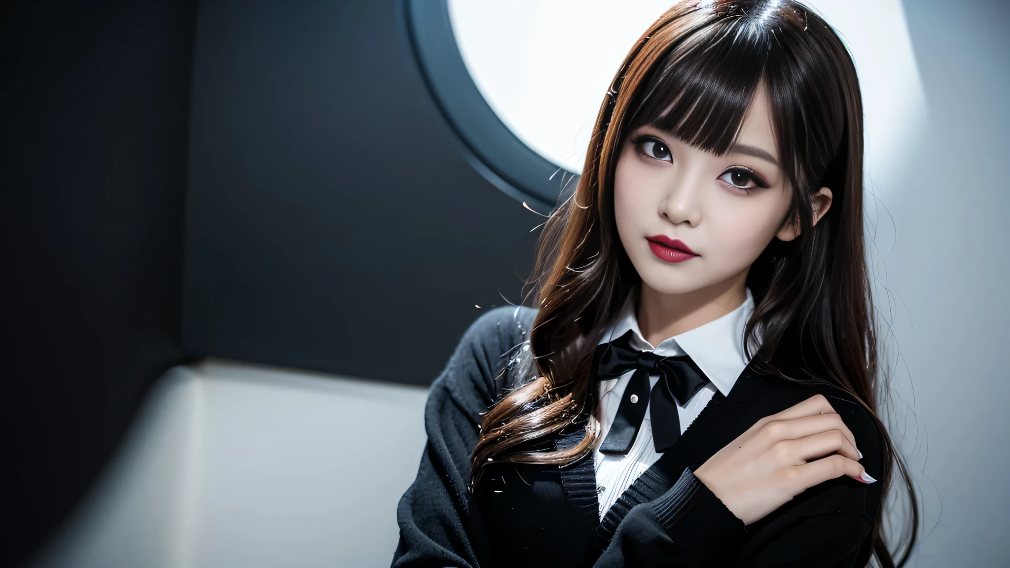 best quality、ultra-detailed、4k、Japanese、Seductive beauty、seductive adult woman、Pretty Woman、cool girl、Villainess、Brainwashed、brainwash、Fallen into evil、smirk、Evil look、Wicked Smile、evil、Brown hair、wavy hair、swept bangs、dark makeup、dark makeup、piercing eyes、hollow eyes,half-closed eyes、Hollow Eyes、purple Eyeshadow、black lipstick、black lipglos、student、uniform、Black cardigan、White Shirt、Black Ribbon、flare skirt、pantyhose、night、inside darkroom、Applying lipstick、Emblem of Evil、Crest of Darkness、Swear allegiance、I have pledged my allegiance、Dye black、Blackening、Stained with evil、Dyed in darkness、Seduce