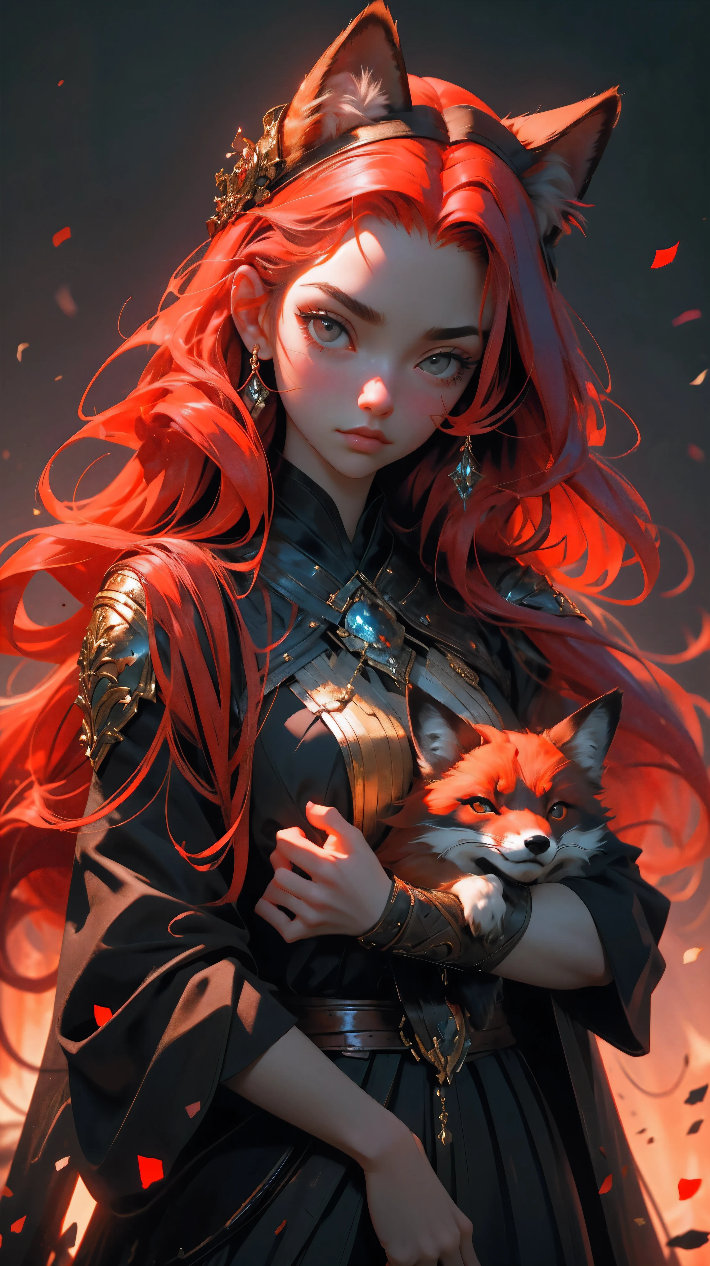 close up, beautiful young girl, red long hair, black eyes, red fox in the hands, girl holding red fox, 8k, high detailed, high realism, dark fantasy art