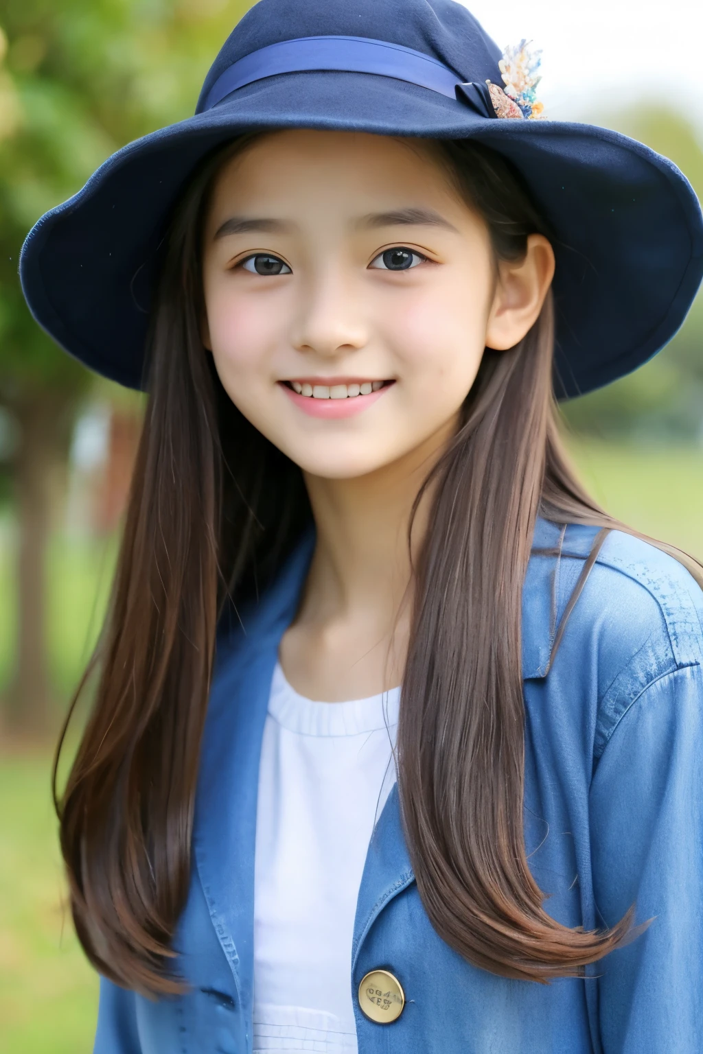 13 years old。smile、Beautiful eyes、Beautiful colored clothes、hat