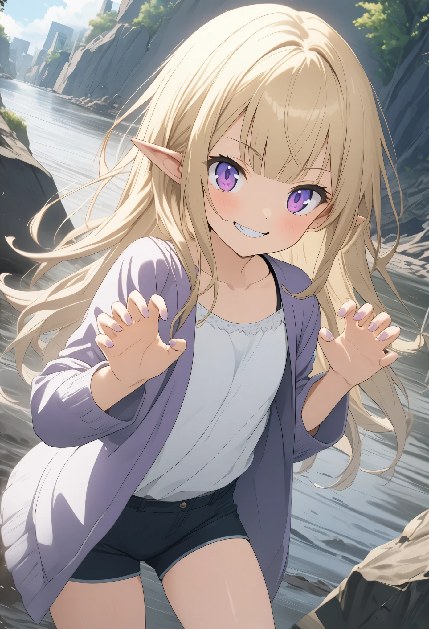 ((12 years old)), (1girl), cute young girl, BREAK, (smirk face:1.3), (Beautiful purple eyes:1.5), (dark skin), elf girl, wear a long cardigan, flat chest, slender waist, (oblique blunt bangs), Shiny unruly hair, long hair, ((beautiful blond hair)), wear a long cardigan and thin tanktop, shortpants, ((Masterpiece)), (Anime:1.3), ((best quality)), (super detail), (High Definition:1.3), (Professional Photography:1.2), ((absurdres)), BREAK, 🌈, (claw Pose), (on the riverside), Beautiful ruins Background, ((best quality)),