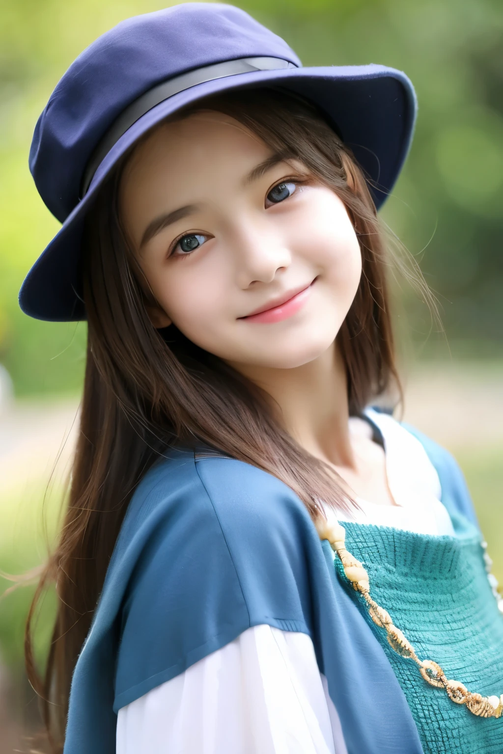 13 years old。smile、Beautiful eyes、Beautiful colored clothes、hat