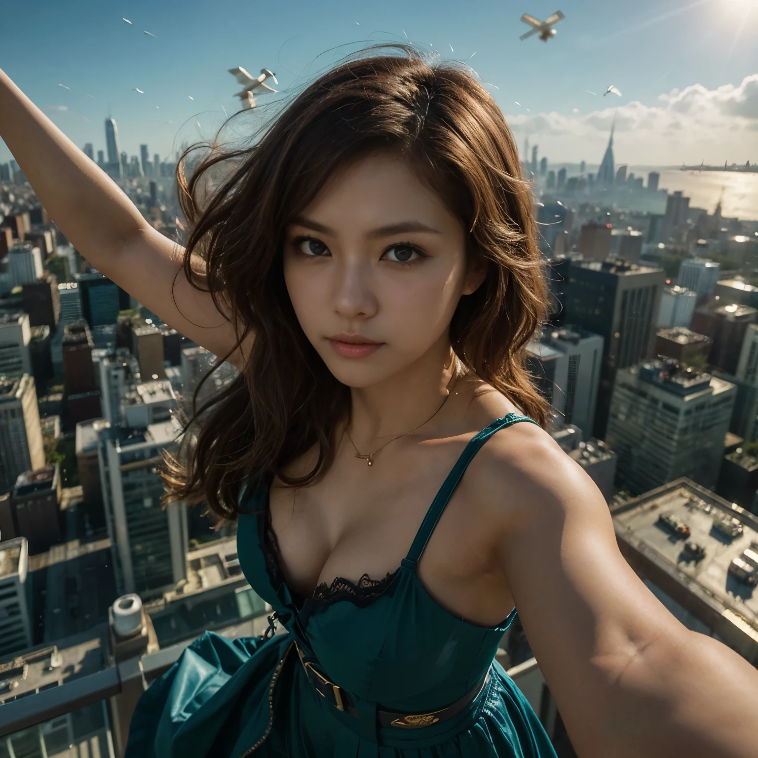 A woman with the supernatural power to fly、(Soaring above the big city:1.6)、(Hair blowing in the wind and clothes fluttering in the wind:1.0)、Charming smile、Distinctive and attractive costumes、Dynamic pose、Shot from a dynamic angle、mynatalee women 、 (highest quality、4k、8k、High resolution、masterpiece:1.2)、Super detailed、(Real、Photorealistic、Photorealistic:1.37)、HDR、Bright colors、Portrait、Sharp focus、Studio Lighting、anime、Bright colors
