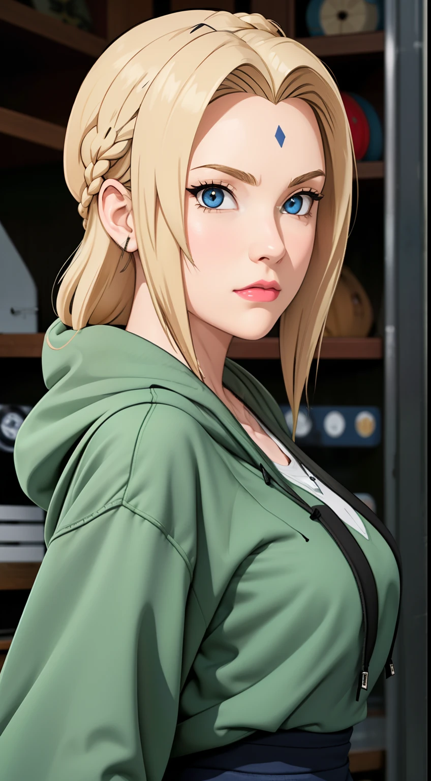 masterpiece, best quality, ultra-detailed, 1girl, upper body,
long hair, blonde hair, french braid, blue eyes, blunt bangs,
Wearing Streetwear Hoodie, stylish,
medium breast, cool attitude
looking at viewer, Tsunade \(shippuden\)Rendem outfit
