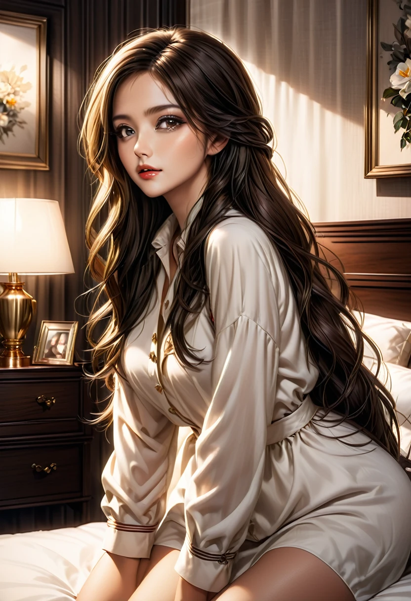 (best quality,4k,8k,highres,masterpiece:1.2),ultra-detailed,realistic,portrait,bedroom scene,woman on all fours,side view,(bottom up:1.1,top down:1.1),lighting from the window,soft and warm colors,beautiful detailed eyes,beautiful detailed lips,long hair,fashionable outfit,relaxed and confident expression,cozy atmosphere,fluffy pillows and bedding,vases with fresh flowers on the nightstand,luxurious headboard and bed frame,subtle shadows and highlights,realistic textures and fabrics,peaceful and serene ambiance, ((downward dog))