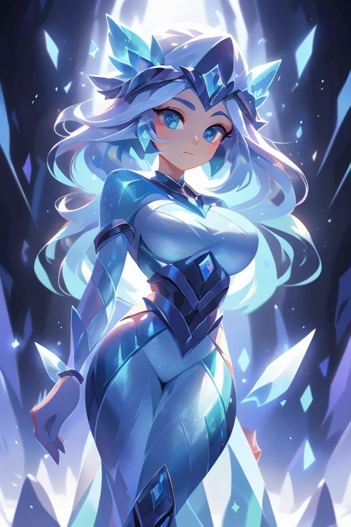 Sozinho, 1 pessoa, Ethereal Ice Goddess, bioluminescence. Your eyes are the focal point, telling stories of ancient frosts and frozen kingdoms. chiseled features, um rosto delicado cercado por gelo, cabelos brancos brilhantes. In the right hand, ela empunha um intrincado cetro de gelo, while his left hand casts a powerful spell, congelando tudo em seu caminho. Exuding an aura of chilling elegance, She's in a cinematic ice kingdom, with drifting snowflakes, Esculturas congeladas, and intricate ice patterns. O ambiente circundante ecoa seu poder, com geleiras, e cristais de gelo flutuantes, reflecting the cold and pure essence of your being."