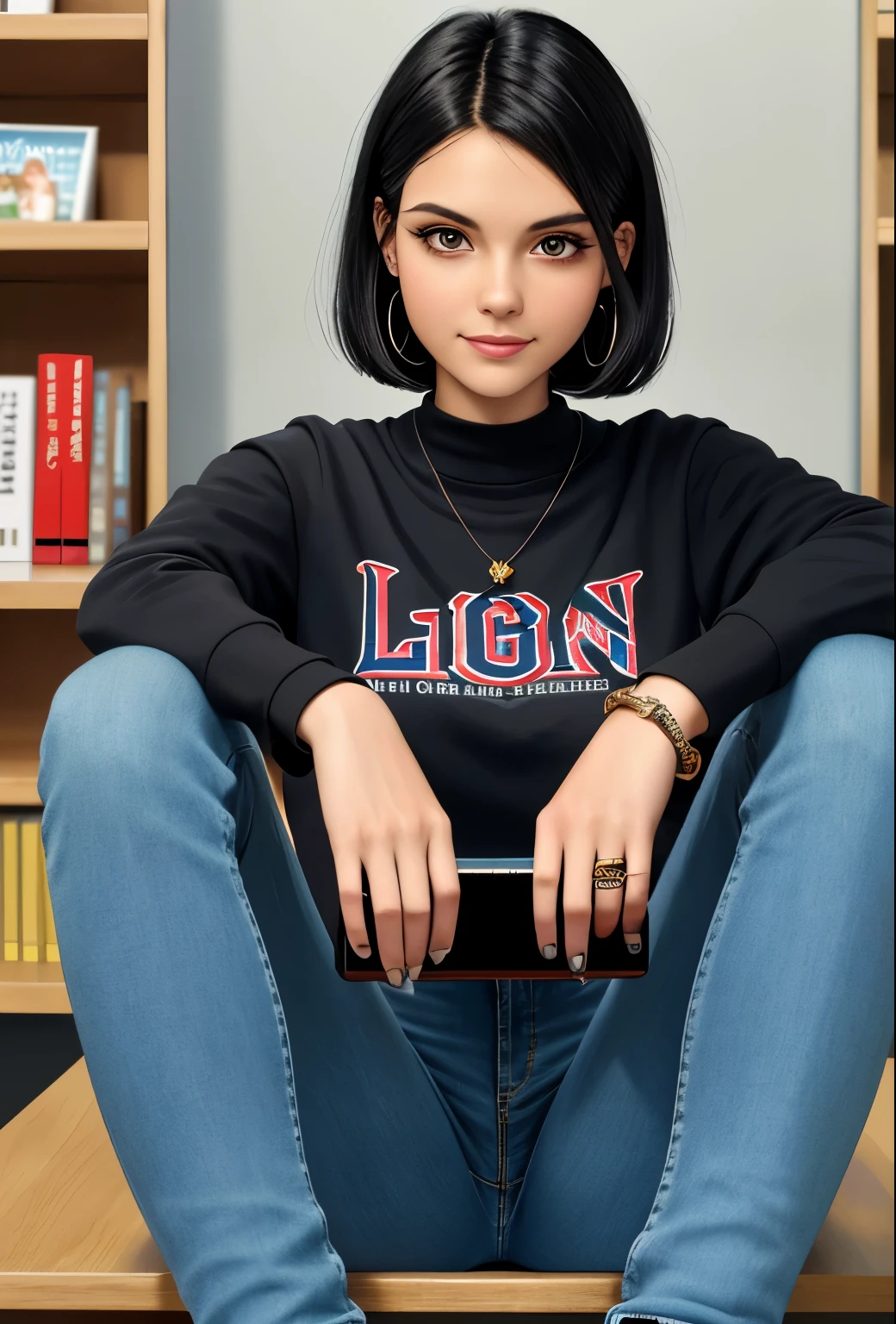 Caucasian woman, 20 years old, short straight black hair, almond-shaped brown eyes, makeup, big eyeliner, painted nails, friendly and kind smile, background, library, holds book in hand, she is sitting in the chair reading a book, sweatshirt light blue, bracelets, rings, choker in neckk, backpack on back, black jeans worn around the knees, high school tennis shoes, calm body expression, extremely detailed face, high image definition, ultra HD 4k, extreme beauty, detailed hair, same face,