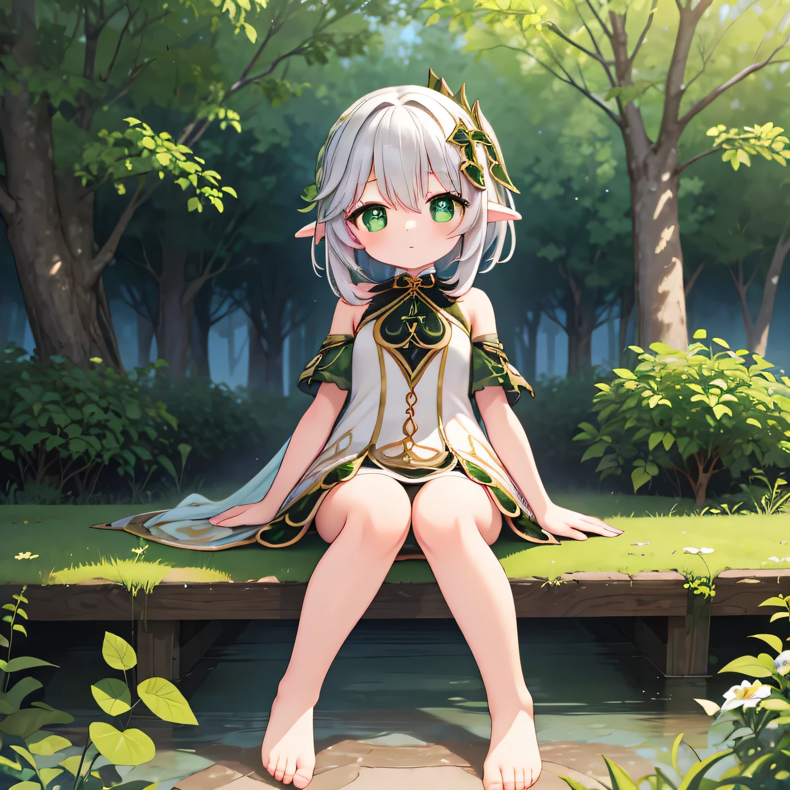 (High quality), (masterpiece), (very detailed), girl, flat brest, short silver hair, green eyes, (chibi:0.6), elf clothes, raising the legs, in a forest, (sitting front:1.4), (barefoot:1.4), (detailed feet:1.2), (five fingers on each limb:1.5), BREAK