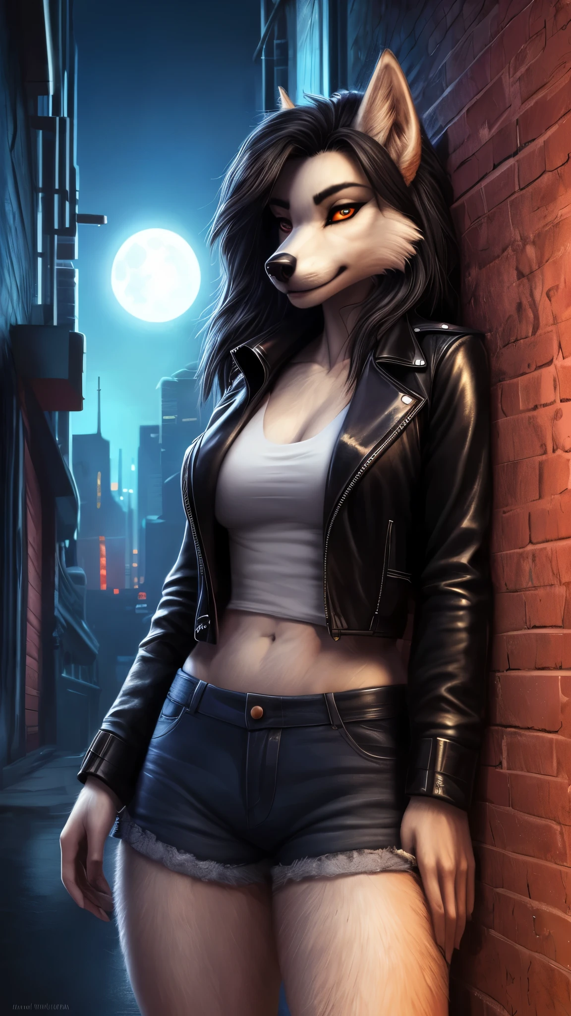 (best quality,4k,8k,highres,masterpiece:1.2), ultra-detailed, (realistic,photorealistic,photo-realistic:1.37), wolf girl sexy, leaning, alley, detailed art, Iskra, fluffkevlar, Eipril NIGHT Super moon Cute. Detailed seductive face. Approached there is a man in a leather jacket and a wolf, retrato de personaje peludo female, stylized urban fantasy artwork, high resolution commission, female lobo antropomorfo, retrato antro, an anthropomorphic cyberpunk fox, masterpiece retrato antro, un lobo antro, Arte Antro, retrato de personaje de cuerpo entero, un retrato del personaje Wolfi Cute sexy (NIGHT MOON DARK)