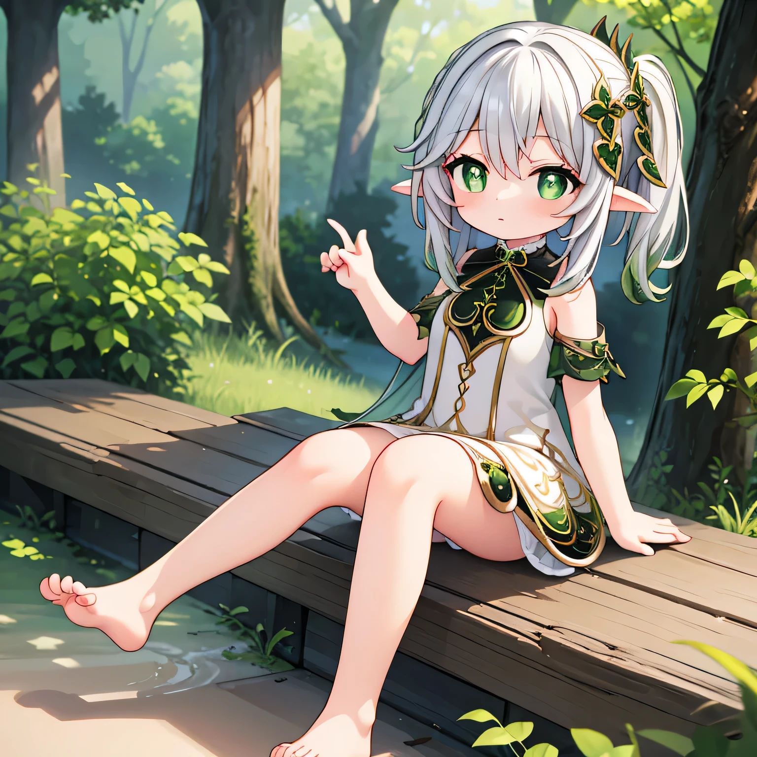 (High quality), (masterpiece), (very detailed), girl, flat brest, short silver hair, green eyes, (chibi:0.6), elf clothes, raising the legs, in a forest, (sitting front:1.4), (barefoot:1.4), (detailed feet:1.2), (five fingers on each limb:1.5), panties, BREAK