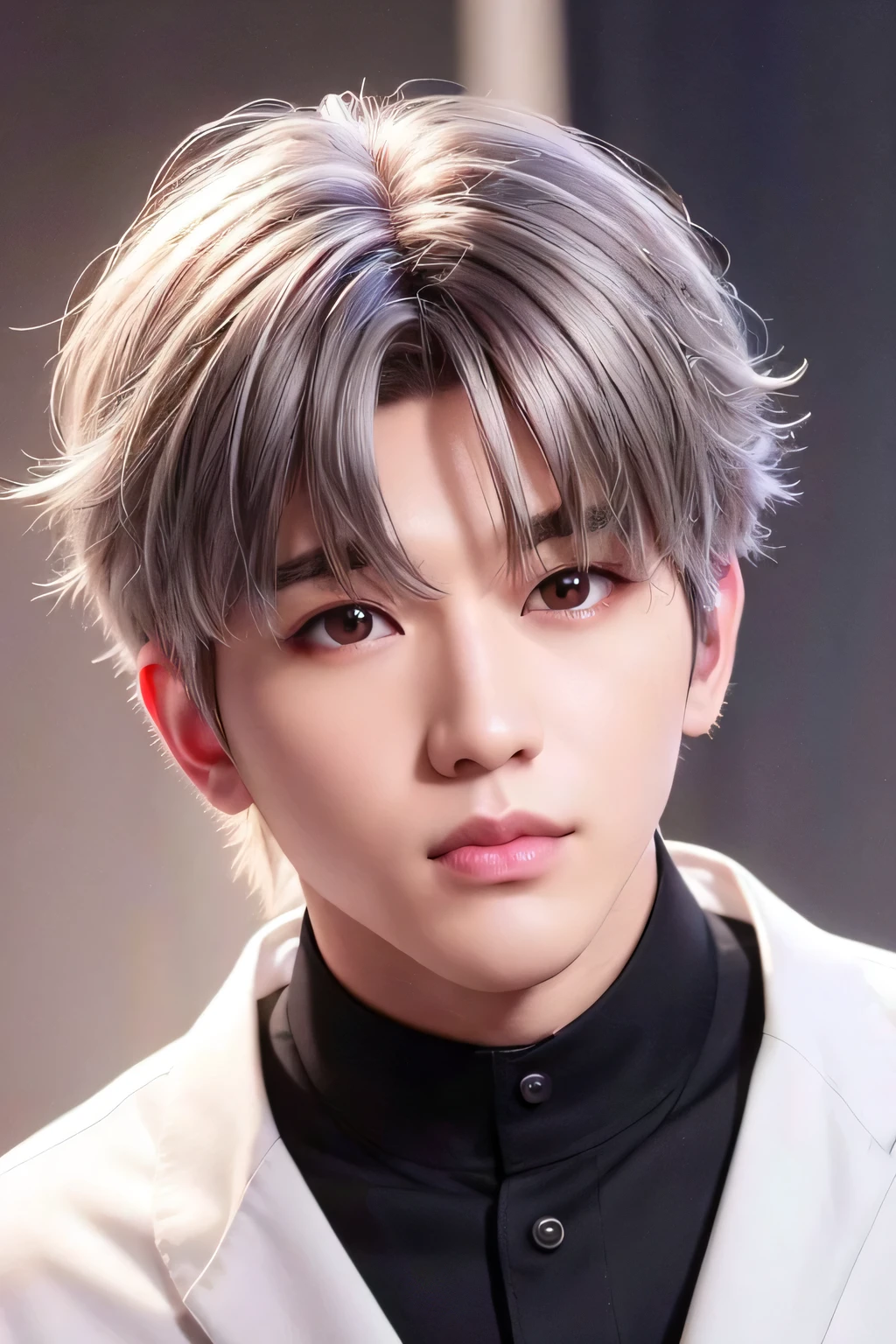 1male、、highest quality、masterpiece、8k、、Realistic Skin、(head shot:1.45)、、disheveled gray hair、(White dog ears)、、(Brown eyes)、Jet black polo shirt、profile、Neon Light、cyber punk、Cyber City、Neon Light Background
