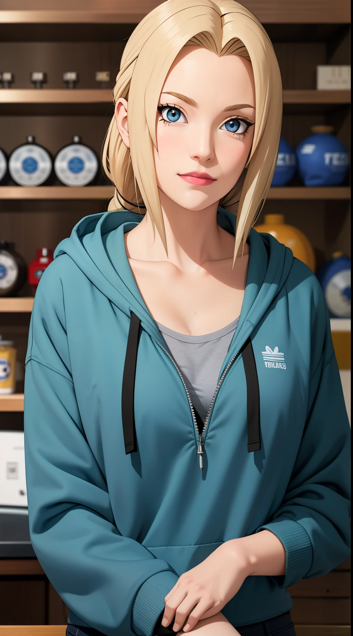 masterpiece, best quality, ultra-detailed, 1girl, upper body, 
long hair, blonde hair, french braid, blue eyes, blunt bangs, 
Wearing Streetwear Hoodie, stylish,
medium breast, cool attitude 
looking at viewer, Tsunade \(shippuden\)