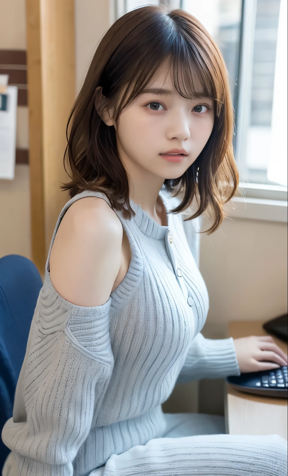 masterpiece、highest quality、16k、High resolution、超High resolution,Very detailed、Soft Light、Professional Lighting、Pale shading、Low contrast、Japanese、beautiful girl、Slender women、daytime office、Window seat、sitting in front of a computer、(Knitwear that fits snugly around the breasts(Grayish light blue))、Shoulder drops、Navy Pleated Skirt、Small Mouth、(Beautiful thighs:1.6)、(Large Breasts:1.4)、The chest is visible、Fine and beautiful eyes、(Hanging eyes)、(Thin eyebrows)、(Thin lips)、sad、(Long Wavy Hair、High Ponytail),(Asymmetrical bangs)、