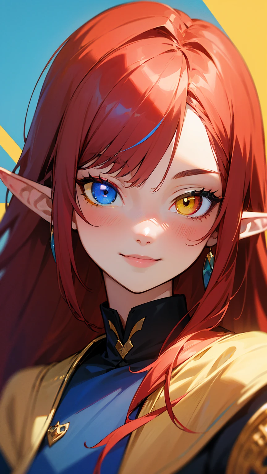 Portrait of an elf, pointy ears, realy long red hairs, all hairs red, (((yellow and blue heterochromia eyes))), smiling, blue uniform, masterpiece, anatomically correct, super detail, high details, award winning, highres, 16k