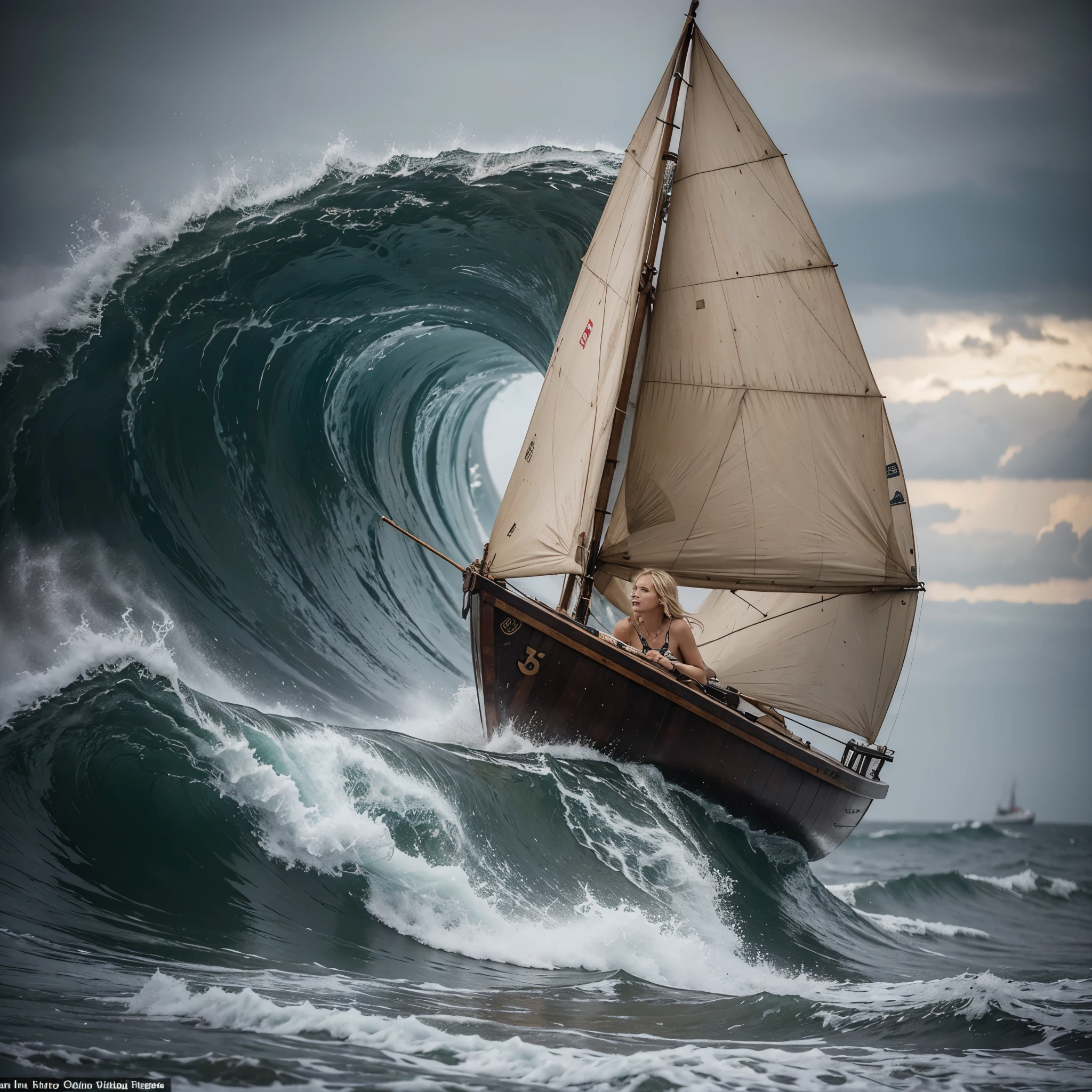masterpiece,a beautiful blonde shipwrecked woman in ragged clothes lays clinging to a makeshift Kon Tiki raft in the midst of a stormy sea,scared expression,big waves,rain,wind,realistic,cinematic