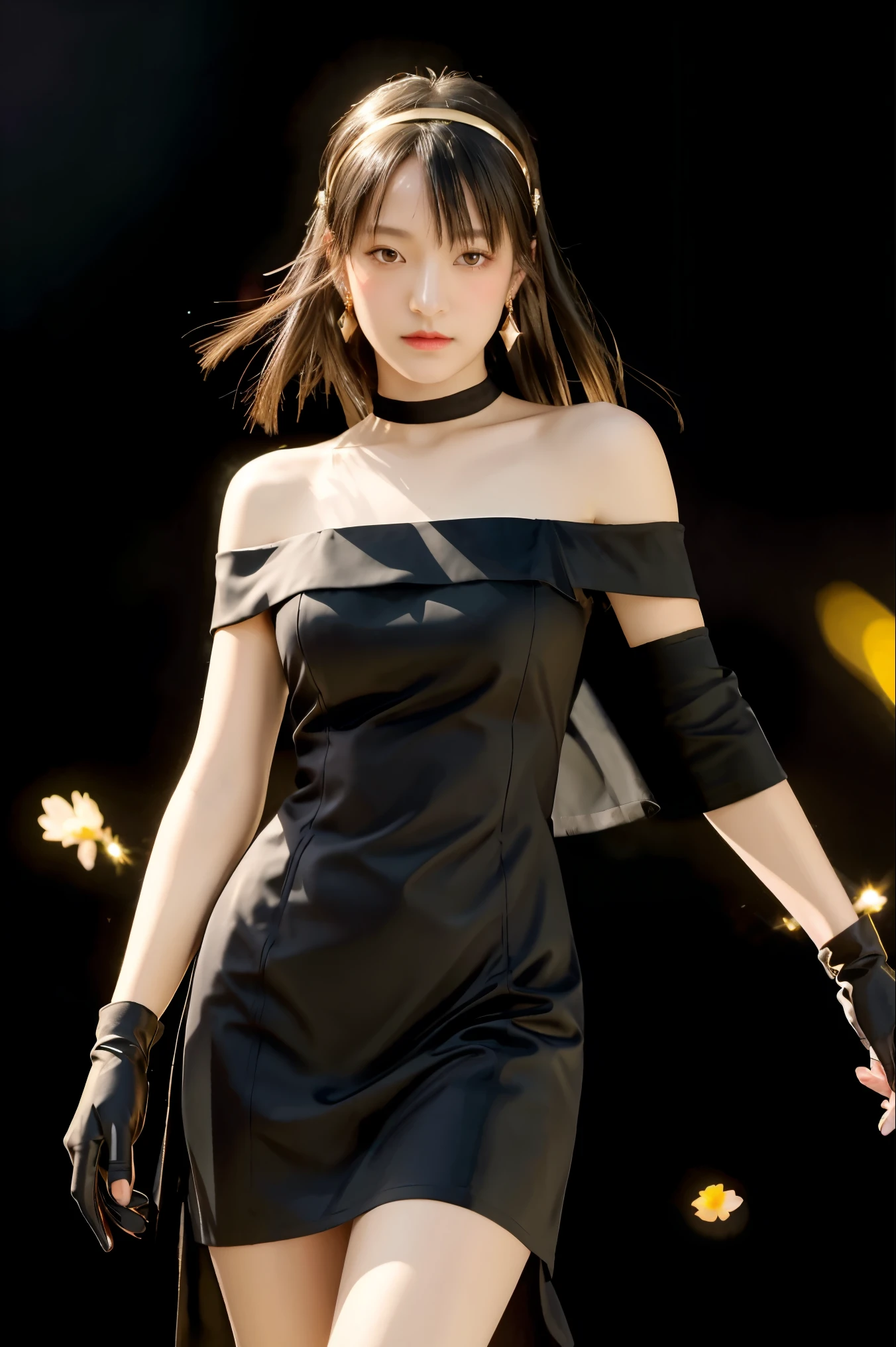 yor briar, (photorealistic), beautiful girl,backlighting, bare shoulders, black background, black dress, black gloves, black hair, breasts, closed mouth, cowboy shot, dress, earrings, expressionless, fingerless gloves, floating hair, gloves, gold earrings, gold hairband, hair flower, hair ornament, hairband, jewelry, large breasts, light particles, long hair, looking at viewer, off-shoulder dress, off shoulder, petals, red eyes, short hair with long locks, sidelocks, solo, spikes, thighs, two-sided dress, two-sided fabric, ((masterpiece))