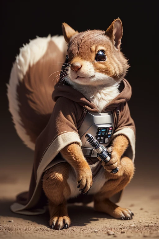 (best quality,ultra-detailed,realistic,photorealistic:1.37),furry squirrel wearing a Star Wars Jedi uniform,adorable,soft,fuzzy,playful,expressive brown eyes,small and rounded body,tiny paws,detailed Jedi robe with brown fabric and hood,lightsaber,light side of the Force,galactic background,vivid colors,warm lighting,