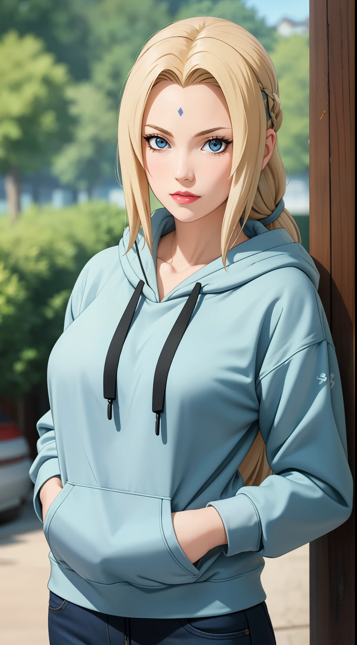 masterpiece, best quality, ultra-detailed, 1girl, upper body,
long hair, blonde hair, french braid, blue eyes, blunt bangs,
Wearing Streetwear Hoodie, stylish,
medium breast, cool attitude
looking at viewer, Tsunade \(shippuden\)