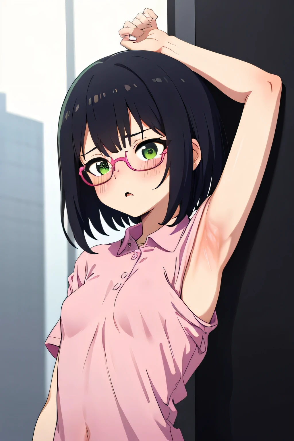 In town,Small breasts that can be rolled up, Troubled face Black hair,short hair,Green Eye Glasses,(Shocking pink plain polo shirt, Short sleeve, naked), (High resolution, high quality:1.1), Intricate details,  1 girl,(blush,Embarrassing)Lots of people around, thin pubic hair, whole body, armpits