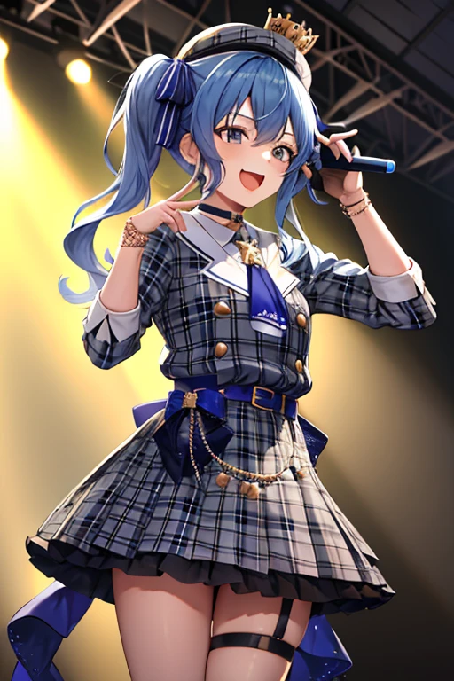 masterpiece, Best Quality, High resolution, sui1, One girl, only, Side Ponytail, hoshimachi suisei, Fingerless gloves, Single knee socks, gem, Individual socks, Thigh straps, bracelet, Blue socks, button, at knee height, Checked dress, Blue choker, Blue Belt, Checkered Skirt, Mini Crown, Grey Skirt, Ascot Azur, Long sleeve, Plaid jacket, Cowboy Shot, On Stage, Clamp Microphone, They're laughing,