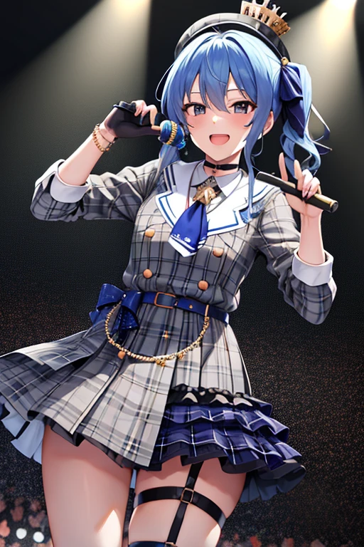 masterpiece, Best Quality, High resolution, sui1, One girl, only, Side Ponytail, hoshimachi suisei, Fingerless gloves, Single knee socks, gem, Individual socks, Thigh straps, bracelet, Blue socks, button, at knee height, Checked dress, Blue choker, Blue Belt, Checkered Skirt, Mini Crown, Grey Skirt, Ascot Azur, Long sleeve, Plaid jacket, Cowboy Shot, On Stage, Clamp Microphone, They're laughing,