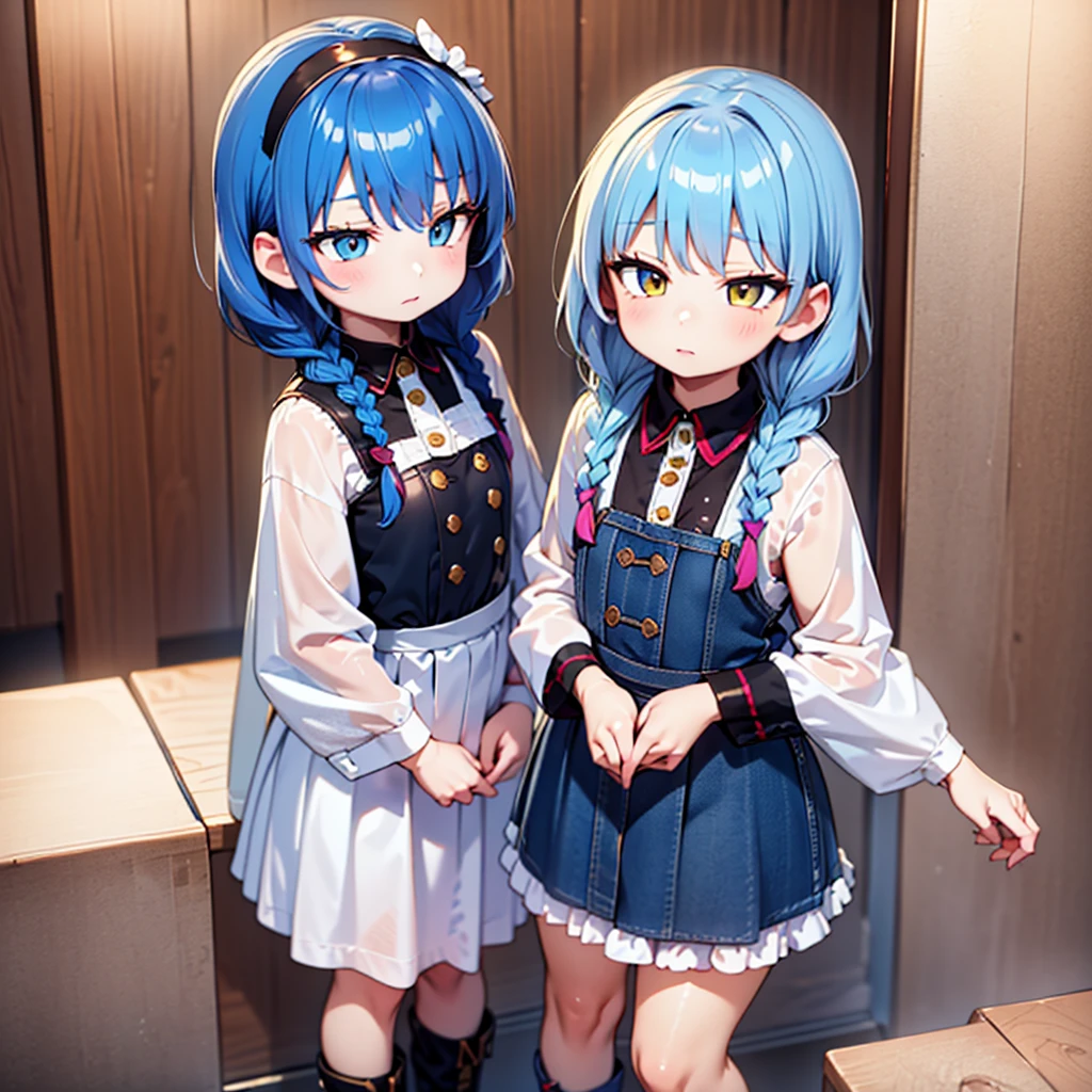 (best quality, masterpiece, uncensored, high quality, ultra detailed, extremely detailed CG, beautiful face, beautiful eyes, beautiful hair), solo, 1girl, (((loli:1.3))), ((((4 years old)))), (infant), (light blue hair, short twin braids, hairs between eyes:1.5, crossed bangs:1.5), (beautiful big eyes, golden yellow eyes, Tsurime), (happy, expressionless), (book, hairband), (peach , navy blue mini pleated skirt), (frilled legwear, platform boots), (extremely awesome detailed deep-silky-healthy-lackwarm-foundational-soft-skin:1.1), (extremely awesome detailed gleaming skin), (extremely awesome detailed pretty face, extremely awesome detailed eyes, extremely awesome detailed shiny hair:1.2), extremely awesome detailed dynamic lighting, extremely awesome detailed caustic, extremely awesome detailed deep shadows,(best quality, highres, absurdres, extremely awesome detailed CG unity 8K HDR wallpaper, perfect anatomy:1.1),(extremely awesome detailed realistic, extremely awesome detailed 3d:1.0)