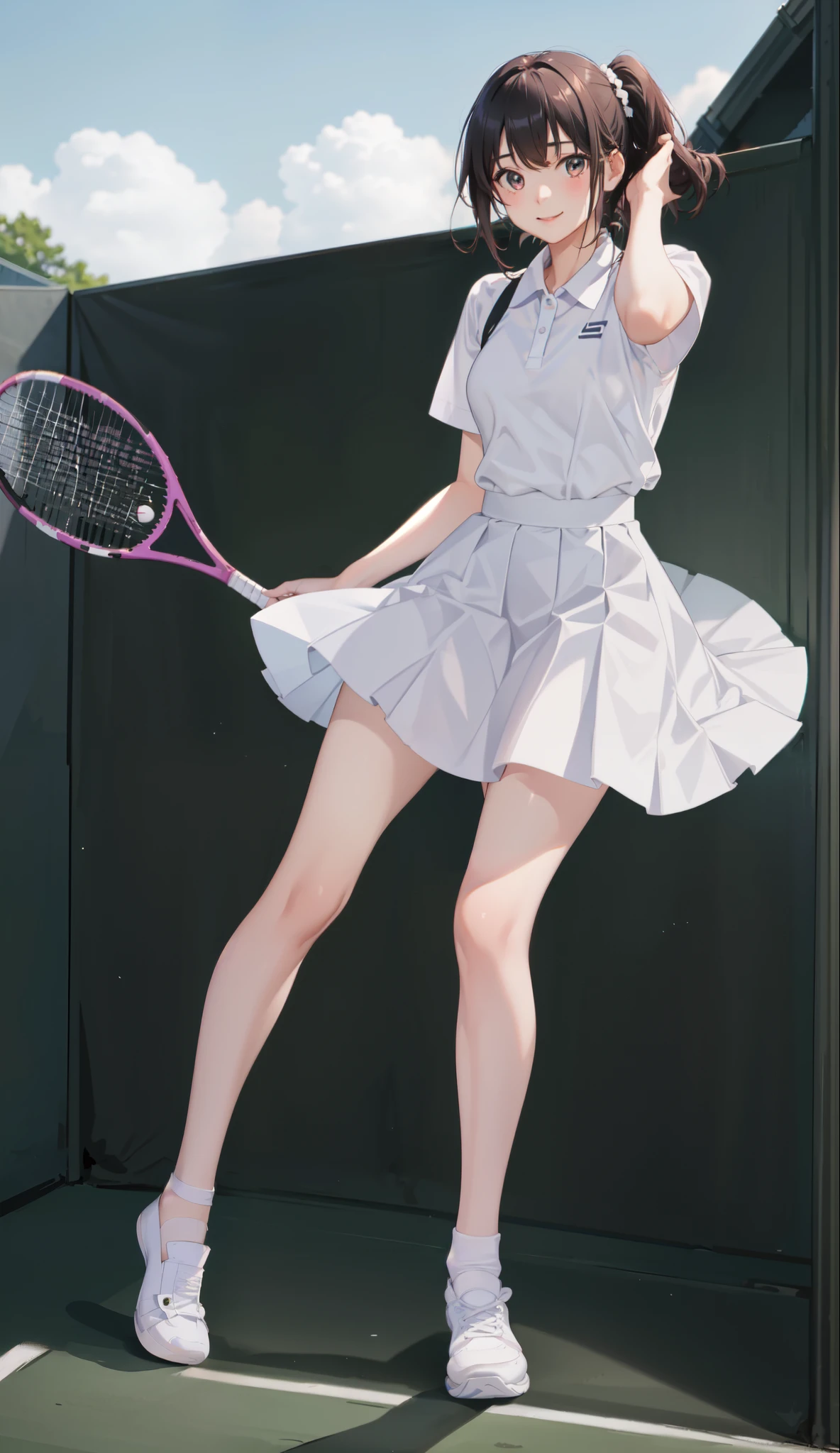 full body,1The girls、shirts、pleatedskirt、、Bob Hair Style、a smile、delightful!、japanes、enmaided、Chromo-white skin、Beautiful eyes、(small tits)、Playing tennis、Wimbledon、Wearing white tennis wear、Movie Lighting、