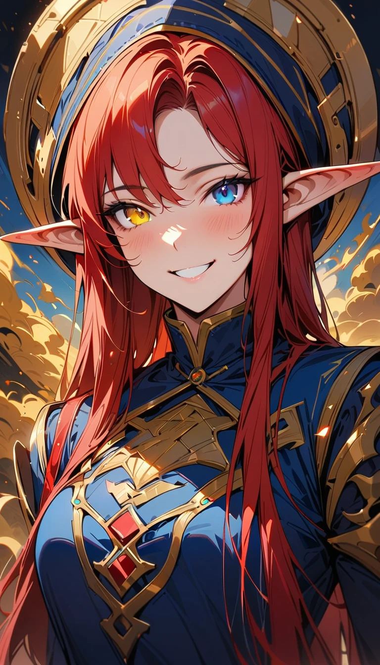 Portrait of an elf, pointy ears, realy long red hairs, all hairs red, (((yellow and blue heterochromia eyes))), smiling, blue uniform, masterpiece, anatomically correct, super detail, high details, award winning, highres, 16k