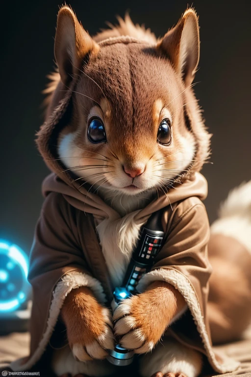 (best quality,ultra-detailed,realistic,photorealistic:1.37),furry squirrel wearing a Star Wars Jedi uniform,adorable,soft,fuzzy,playful,expressive brown eyes,small and rounded body,tiny paws,detailed Jedi robe with brown fabric and hood,lightsaber,light side of the Force,galactic background,vivid colors,warm lighting,