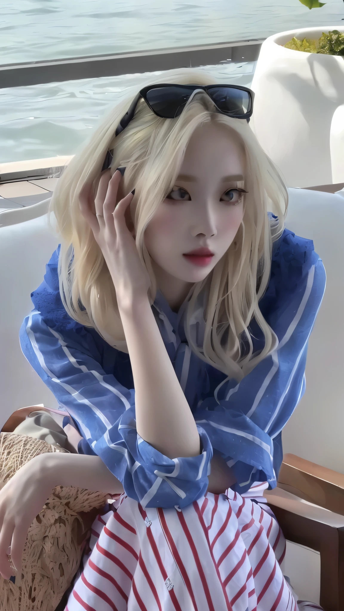 blonde woman sitting on a couch with a hat and sunglasses on, sun yunjoo, pale fair skin!!, with white long hair, jia, leaked image, jinyoung shin, pale porcelain white skin, ulzzang, with long white hair, ava max, with long blond hair, roseanne park of blackpink, heonhwa choe, kim doyoung