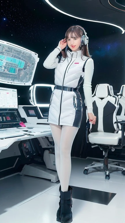 masterpiece:1.4, masterpiece,best quality,1girl,BREAK (portrait shot):100,(lower body):100,BREAK one girl in ((20yr old)), instagrammer pose,idol girl, dynamic pose,(astrovest):2,floating:20,jumping:20,(white shiny downves):5,(white puffer vest):5,(black tights),(black long sleeves):2,black belt ,smartwatch,huge breast,wears a tight futuristic latex silver and black and white bodysuit,(white boots),astrovest, de pele branca,beautiful face ,smile,japanese girl,dark brown
hair,huge-breasted, long hair, Perfect model body, Blue eyes:1.4, Wearing headphones, Flirting, Happy, Looking out the window of the futuristic sci-fi space station,While admiring the beautiful galaxy:1.2, BREAK SF control room on night background:1.1, Neon and energetic atmosphere:1.2 ((Galaxy)) ,((Solo:1.6)),futuristic space station background,inside space craft,Futuristic room,neotech,JeeSoo