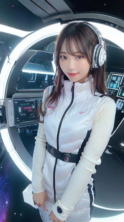 masterpiece:1.4, masterpiece,best quality,1girl,BREAK (portrait shot):100,(lower body):100,BREAK one girl in ((20yr old)), instagrammer pose,idol girl, dynamic pose,(astrovest):2,floating:20,jumping:20,(white shiny downves):5,(white puffer vest):5,(black tights),(black long sleeves):2,black belt ,smartwatch,huge breast,wears a tight futuristic latex silver and black and white bodysuit,(white boots),astrovest, de pele branca,beautiful face ,smile,japanese girl,dark brown
hair,huge-breasted, long hair, Perfect model body, Blue eyes:1.4, Wearing headphones, Flirting, Happy, Looking out the window of the futuristic sci-fi space station,While admiring the beautiful galaxy:1.2, BREAK SF control room on night background:1.1, Neon and energetic atmosphere:1.2 ((Galaxy)) ,((Solo:1.6)),futuristic space station background,inside space craft,Futuristic room,neotech,JeeSoo