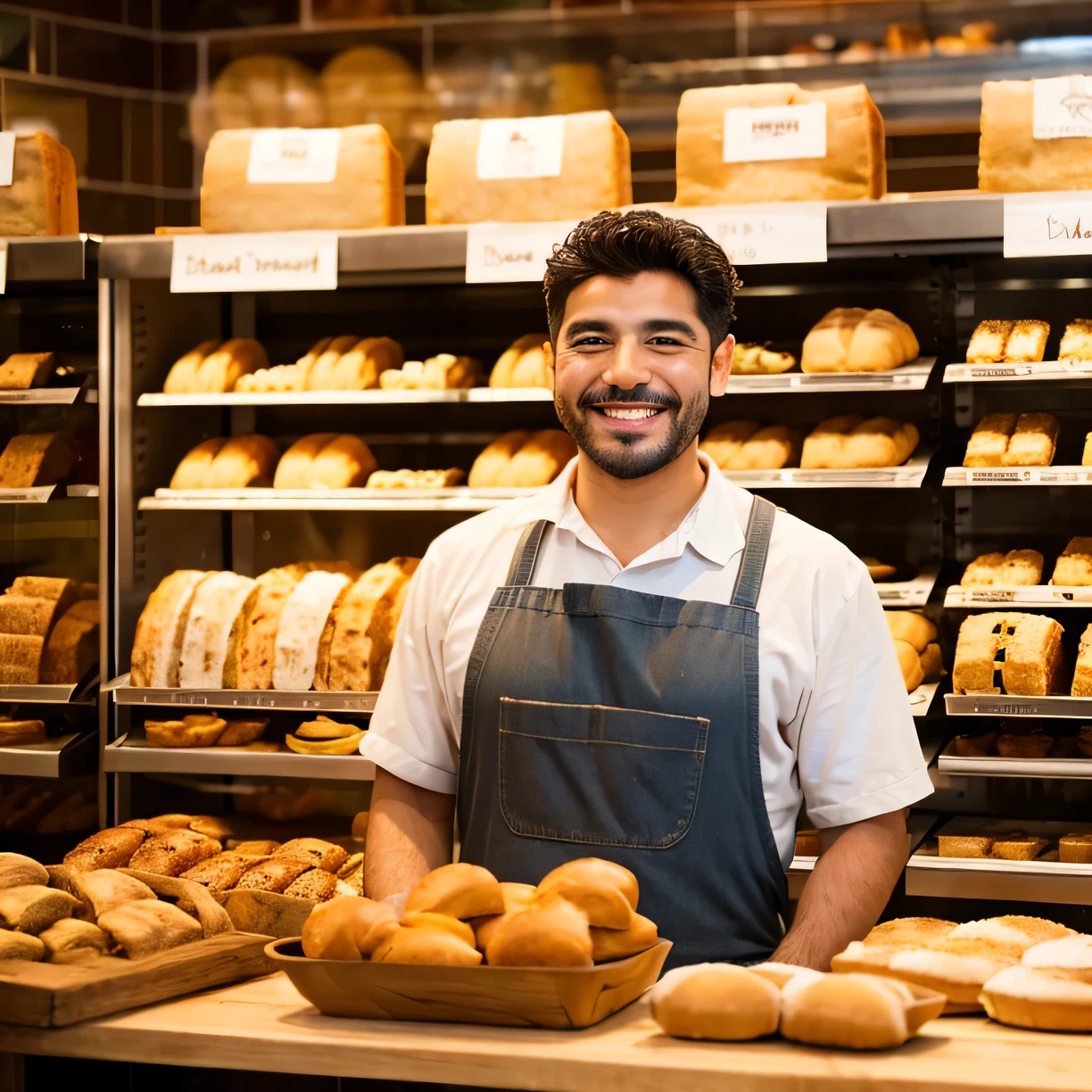 Smiling Latino baker holding a can with freshly baked breads in display cases, hornos, anaqueles con panes y un mostrador con postres