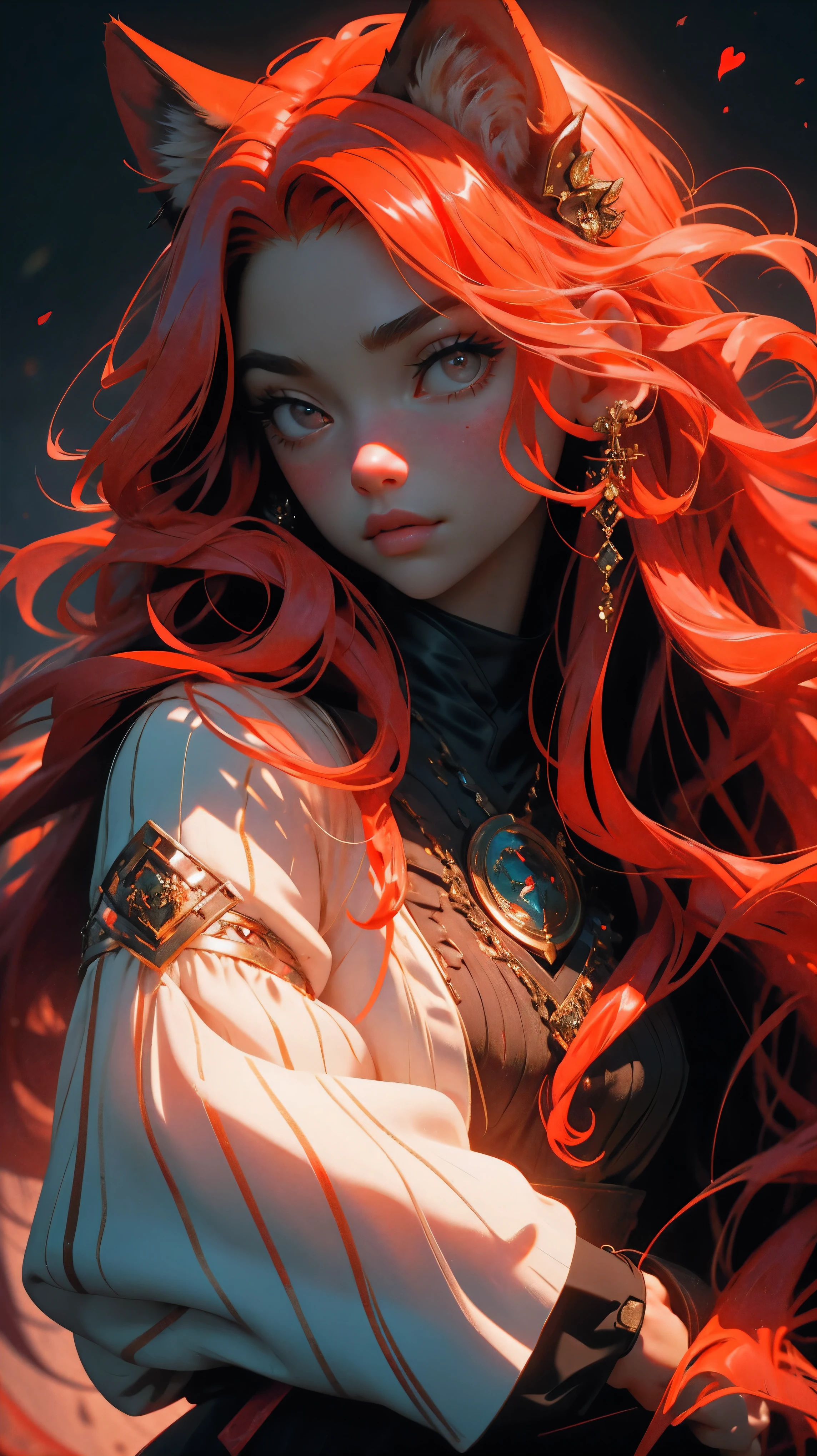 close up, beautiful young girl, red long hair, black eyes, red fox in the hands, girl holding red fox, 8k, high detailed, high realism, dark fantasy art
