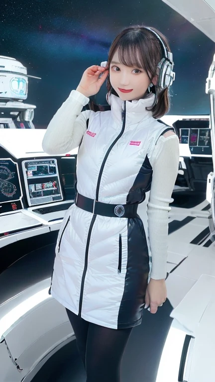 ​masterpiece:1.4, masterpiece,best quality,1girl,BREAK (portrait shot):100,(lower body):100,BREAK one girl in ((20yr old)), instagrammer pose,idol girl, dynamic pose,(astrovest):2,floating:20,jumping:20,(white shiny downves):5,(white puffer vest):5,(black tights),(black long sleeves):2,black belt ,smartwatch,huge breast,wears a tight futuristic latex silver and black and white bodysuit,(white boots),astrovest, de pele branca,beautiful face ,smile,japanese girl,dark brown 
hair,huge-breasted, long hair, Perfect model body, Blue eyes:1.4, Wearing headphones, Flirting, Happy,  Looking out the window of the futuristic sci-fi space station,While admiring the beautiful galaxy:1.2, BREAK SF control room on night background:1.1, Neon and energetic atmosphere:1.2 ((Galaxy)) ,((Solo:1.6)),futuristic space station background,inside space craft,Futuristic room,neotech,JeeSoo 