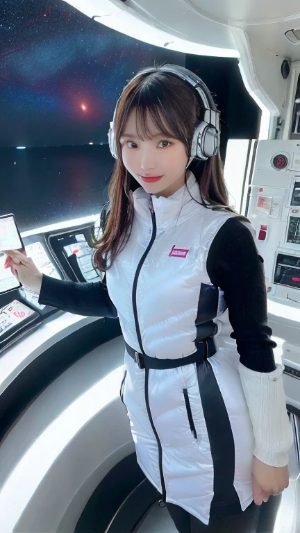 masterpiece:1.4, masterpiece,best quality,1girl,BREAK (portrait shot):100,(lower body):100,BREAK one girl in ((20yr old)), instagrammer pose,idol girl, dynamic pose,(astrovest):2,floating:20,jumping:20,(white shiny downves):5,(white puffer vest):5,(black tights),(black long sleeves):2,black belt ,smartwatch,huge breast,wears a tight futuristic latex silver and black and white bodysuit,(white boots),astrovest, de pele branca,beautiful face ,smile,japanese girl,dark brown
hair,huge-breasted, long hair, Perfect model body, Blue eyes:1.4, Wearing headphones, Flirting, Happy, Looking out the window of the futuristic sci-fi space station,While admiring the beautiful galaxy:1.2, BREAK SF control room on night background:1.1, Neon and energetic atmosphere:1.2 ((Galaxy)) ,((Solo:1.6)),futuristic space station background,inside space craft,Futuristic room,neotech,JeeSoo